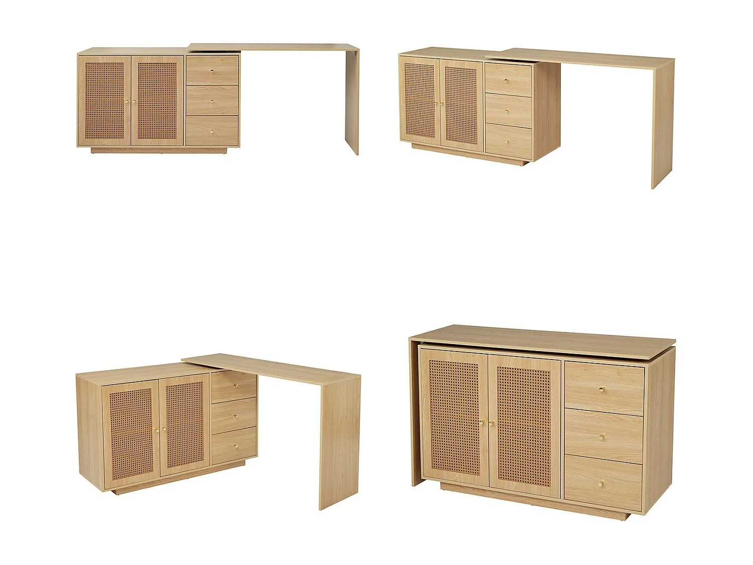 Bureau d’angle rotatif multifonction avec portes en rotin 3 tiroirs et rangement intégré, DICCPER