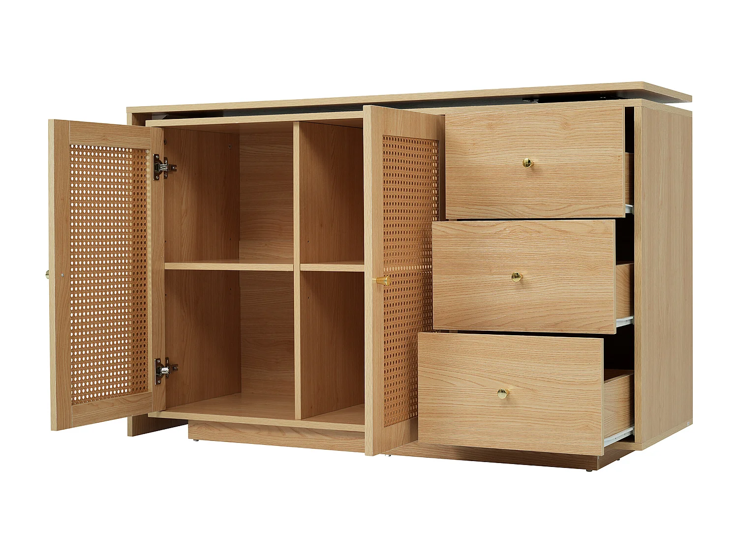Bureau d’angle rotatif multifonction avec portes en rotin 3 tiroirs et rangement intégré, DICCPER