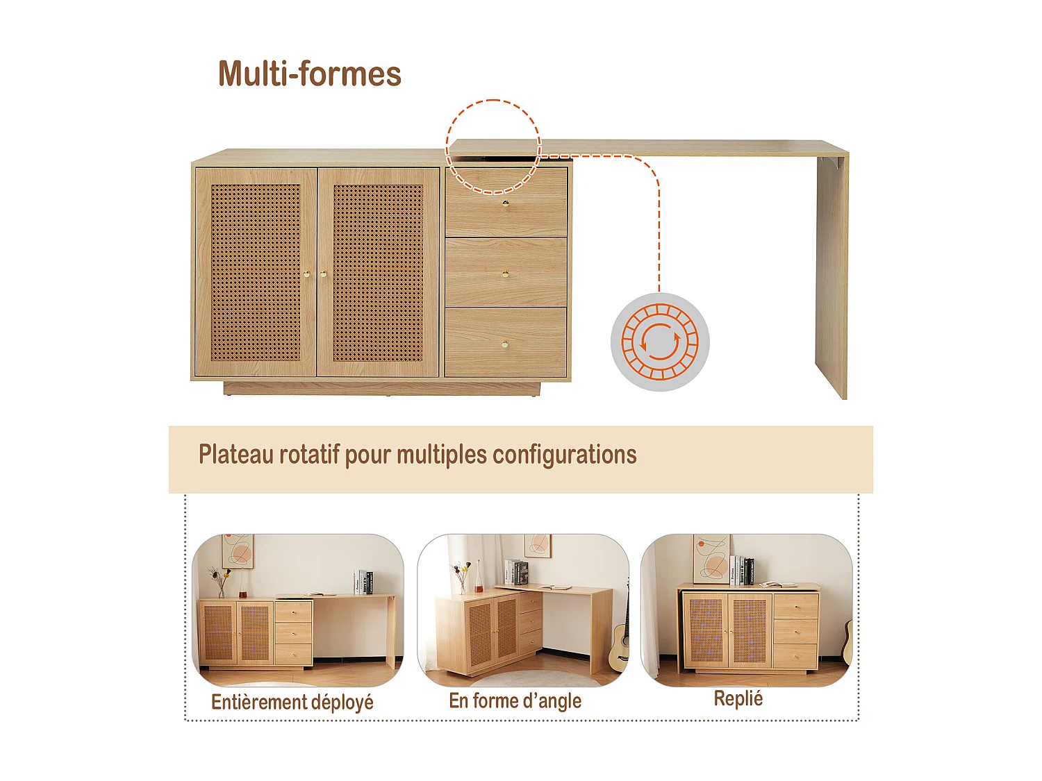 Bureau d’angle rotatif multifonction avec portes en rotin 3 tiroirs et rangement intégré, DICCPER