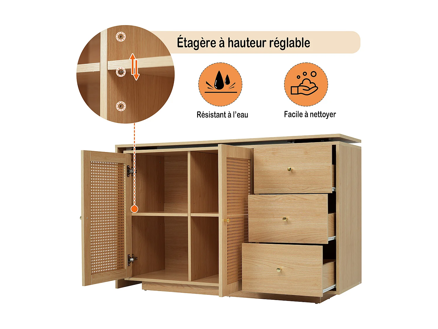 Bureau d’angle rotatif multifonction avec portes en rotin 3 tiroirs et rangement intégré, DICCPER
