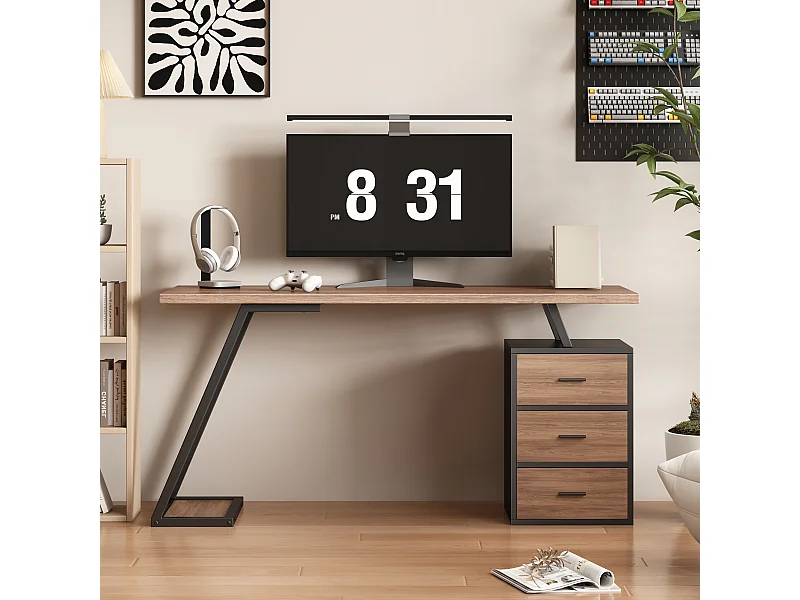 Bureau style industriel avec 3 tiroirs et 1 étagère intégrée, JO