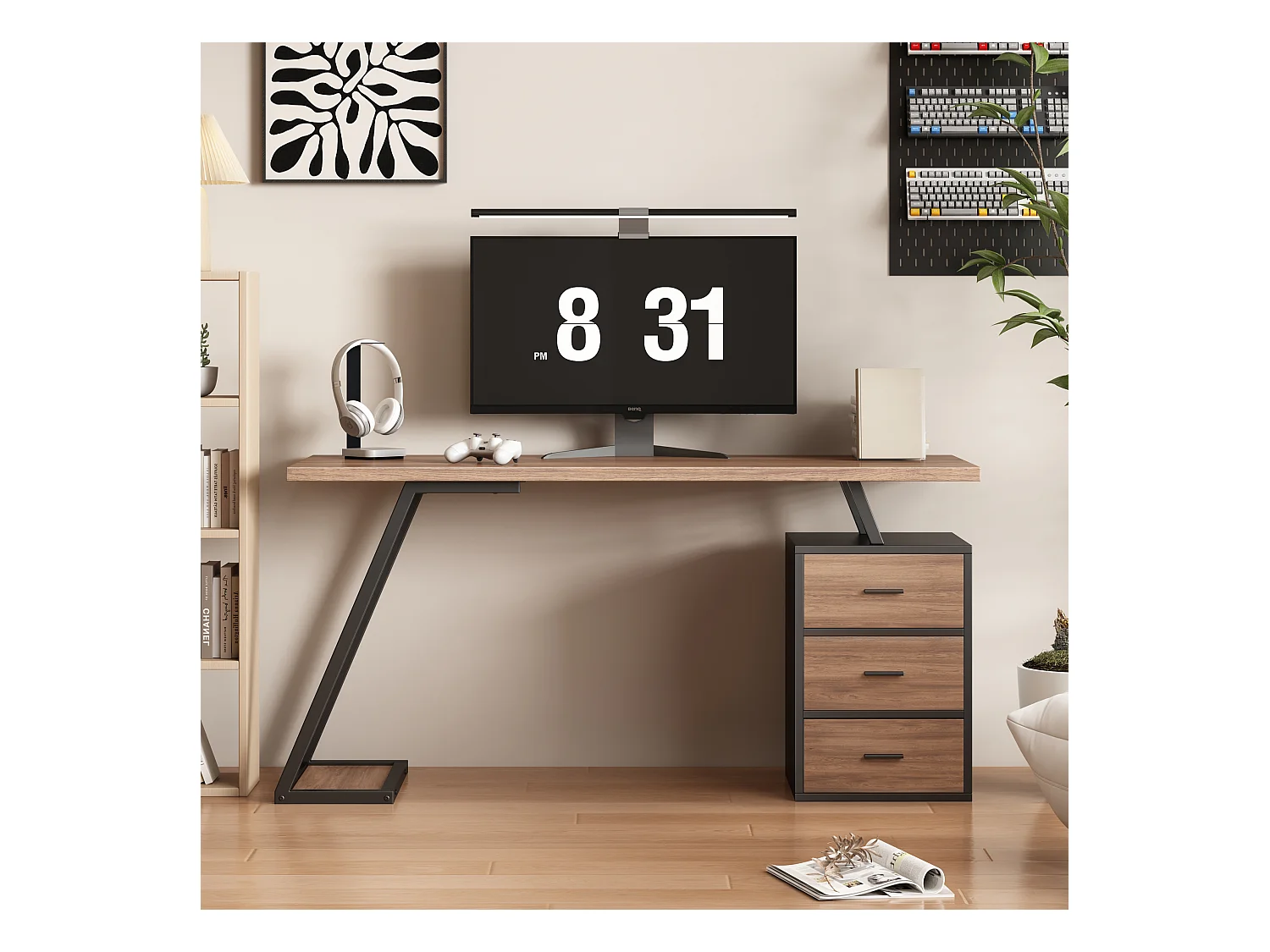 Bureau style industriel avec 3 tiroirs et 1 étagère intégrée, JO