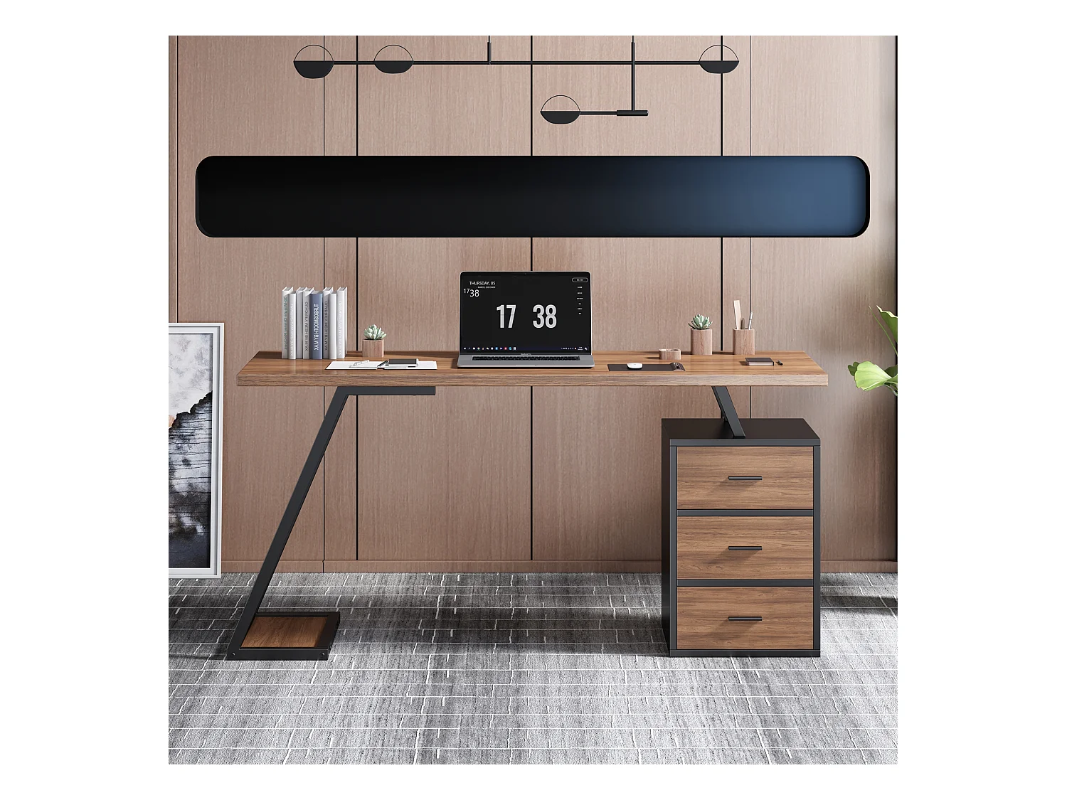 Bureau style industriel avec 3 tiroirs et 1 étagère intégrée, JO