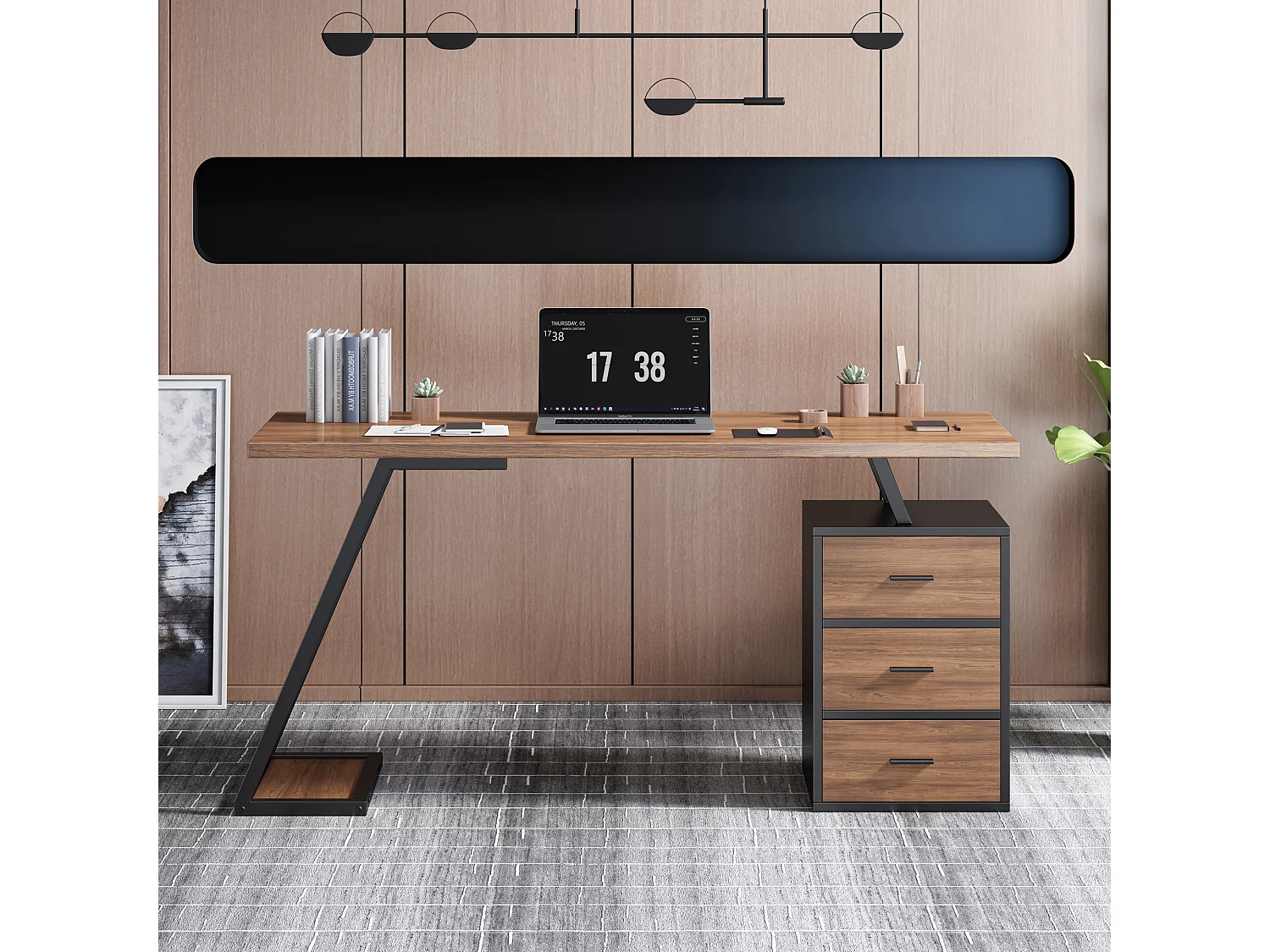 Bureau style industriel avec 3 tiroirs et 1 étagère intégrée, JO