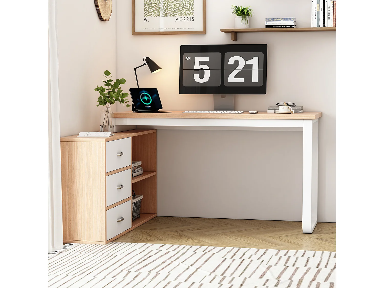 Bureau multifonction L-type avec 3 tiroirs et 2 niches style industriel, DOBBY