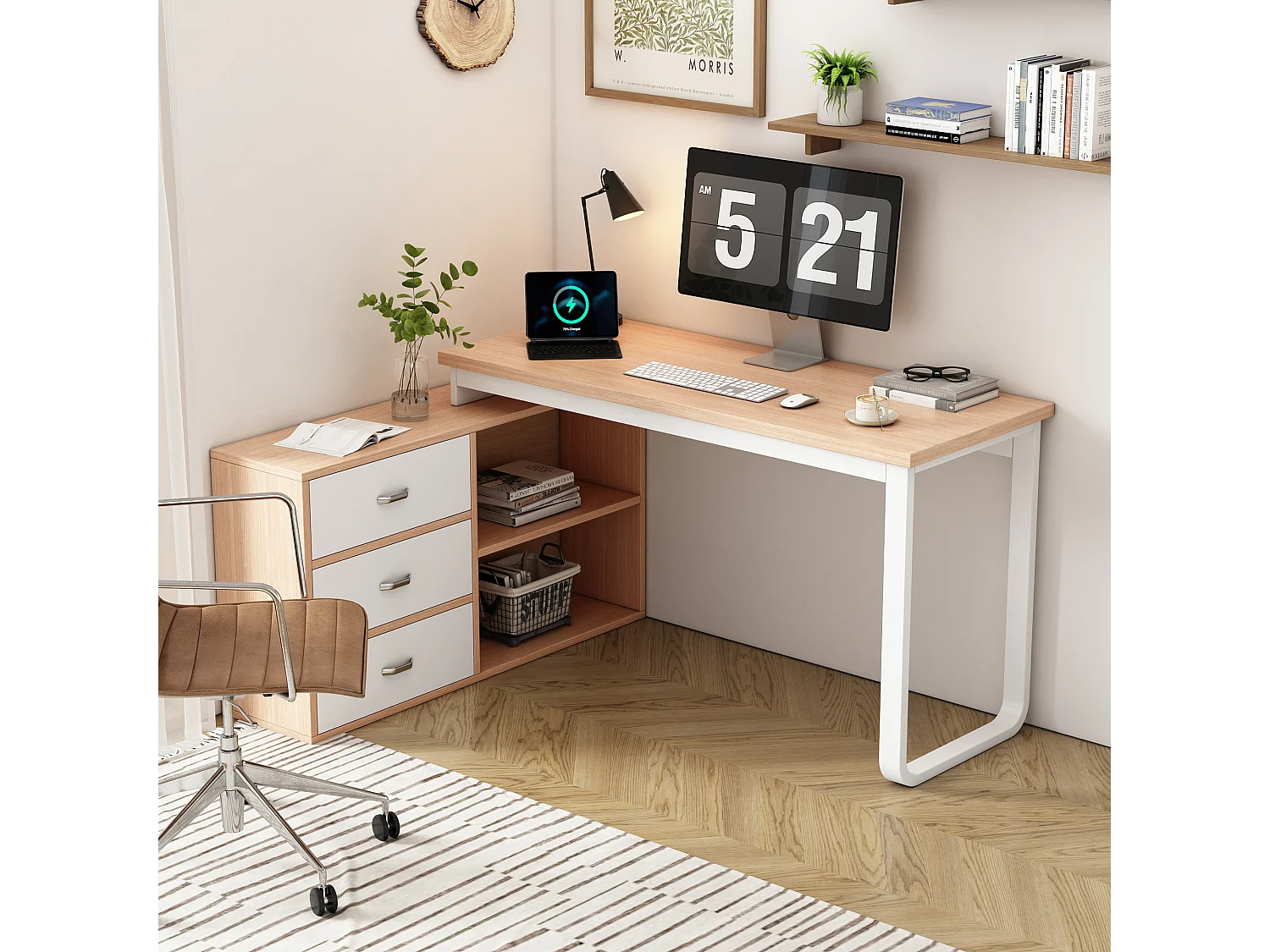 Bureau multifonction L-type avec 3 tiroirs et 2 niches style industriel, DOBBY