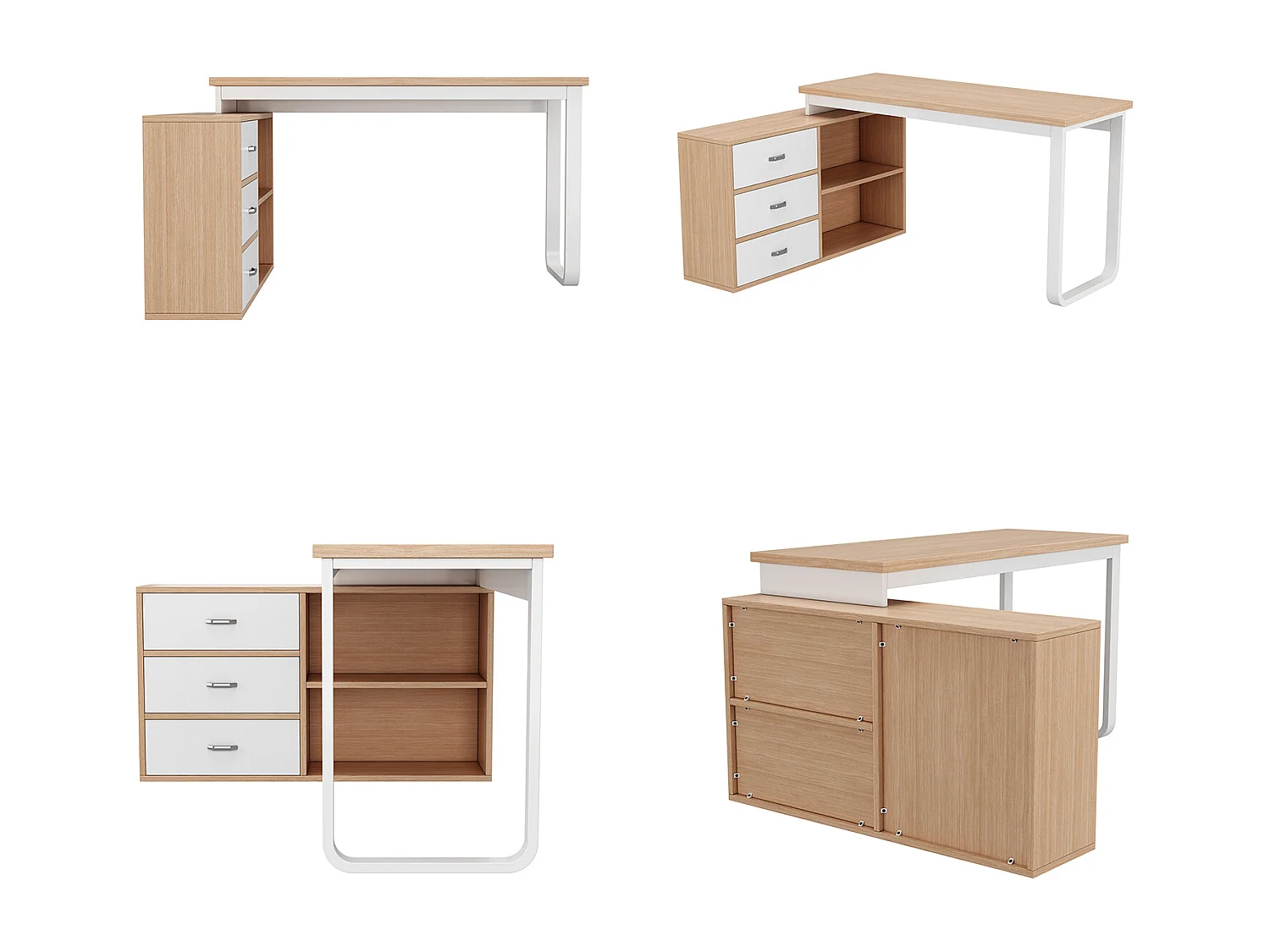Bureau multifonction L-type avec 3 tiroirs et 2 niches style industriel, DOBBY