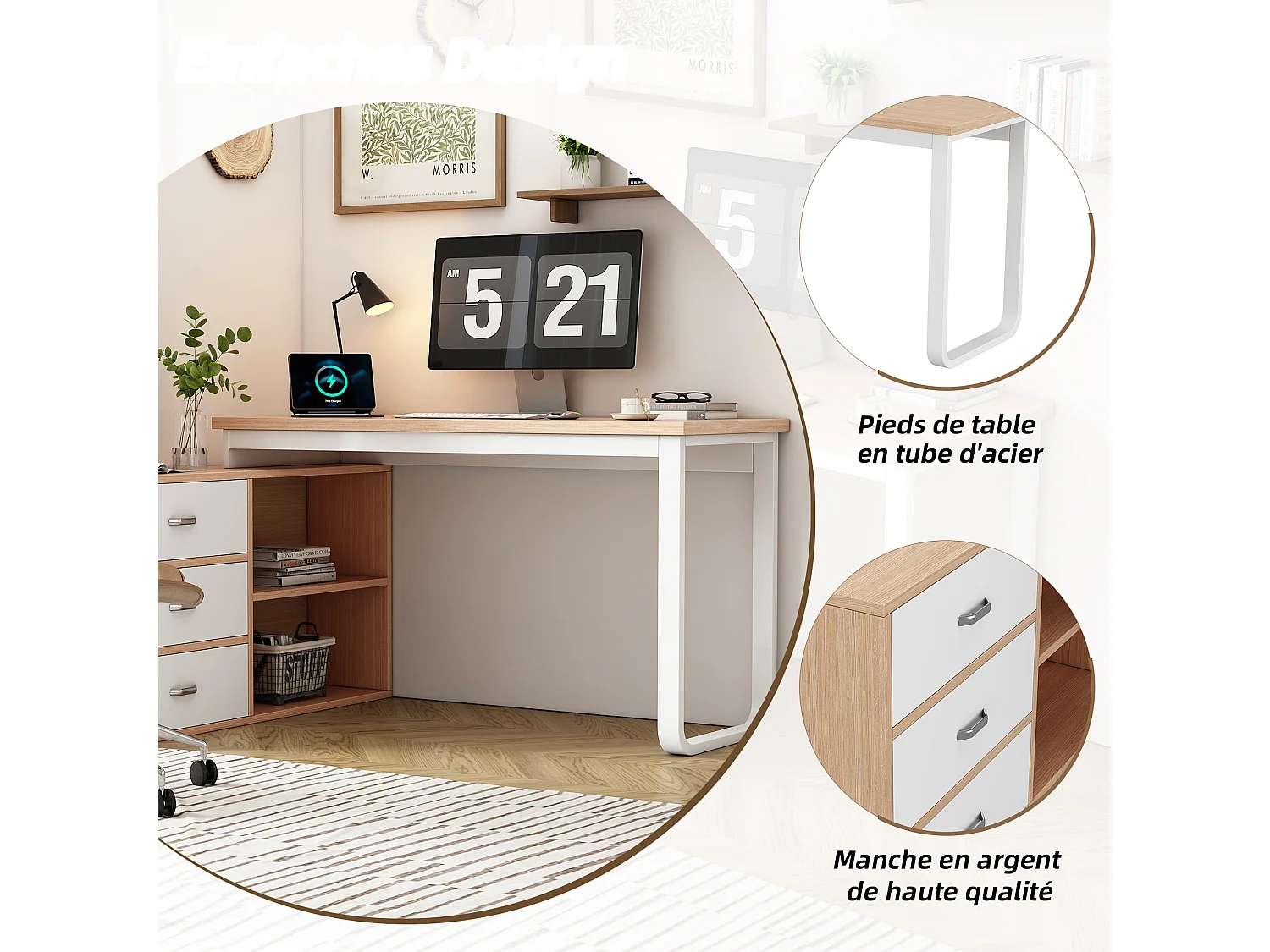 Bureau multifonction L-type avec 3 tiroirs et 2 niches style industriel, DOBBY