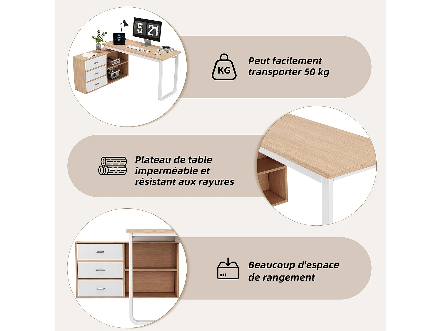 Bureau multifonction L-type avec 3 tiroirs et 2 niches style industriel, DOBBY
