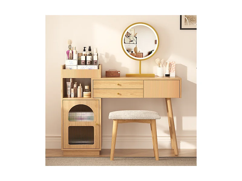 Toucador em madeira com espelho LED, 3 gavetas espaçosas e 1 armário lateral, cor natural, 120 x 40 x 90 cm