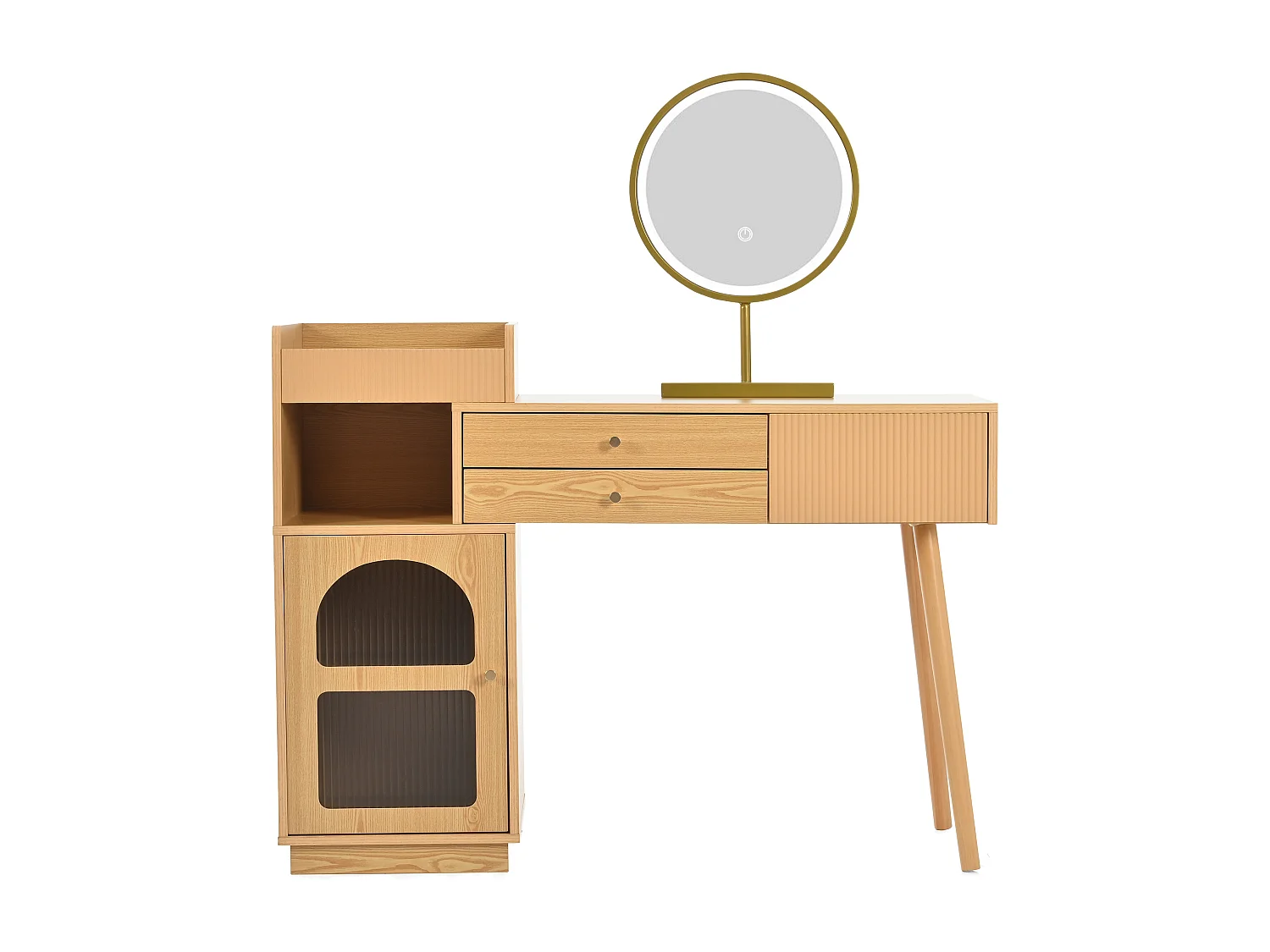 Coiffeuse en bois avec miroir LED, 3 tiroirs spacieux et 1 armoire latérale, couleur naturelle, 120 x 40 x 90 cm