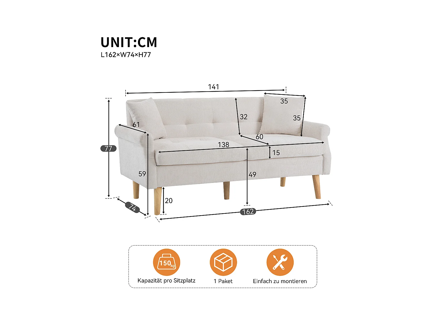 Beige 2-zitsbank, chenillestof, houten poten, 162x74x77cm