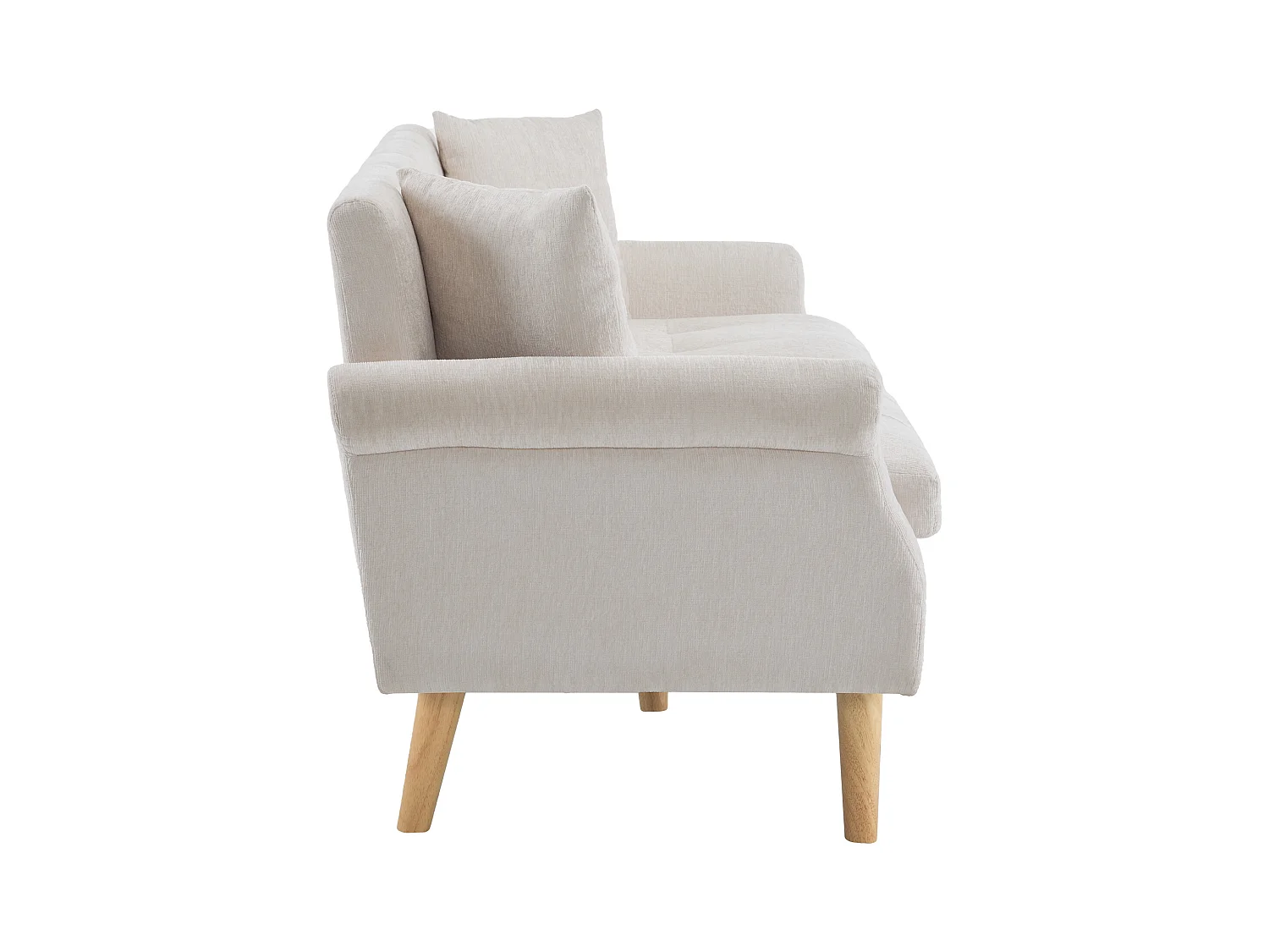 Beige 2-zitsbank, chenillestof, houten poten, 162x74x77cm