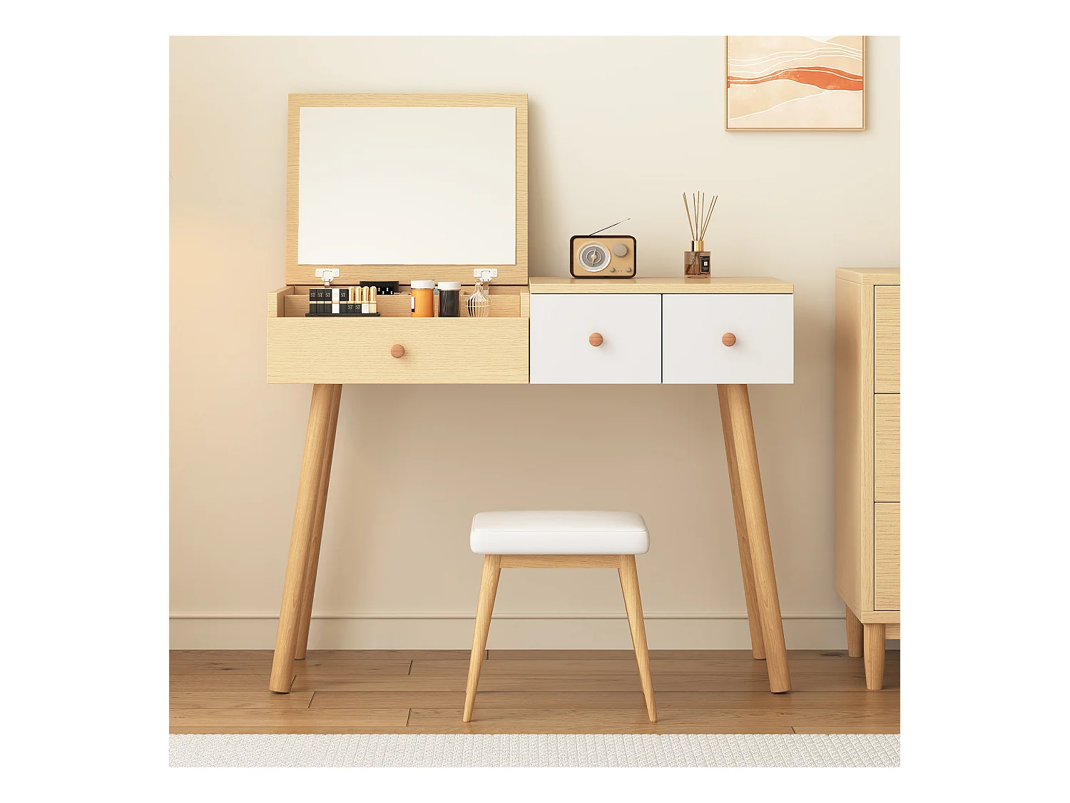 Coiffeuse avec 1 miroir 3 tiroirs Grand espace de rangement Combinaison de couleurs blanc et naturel 100x40x78cm