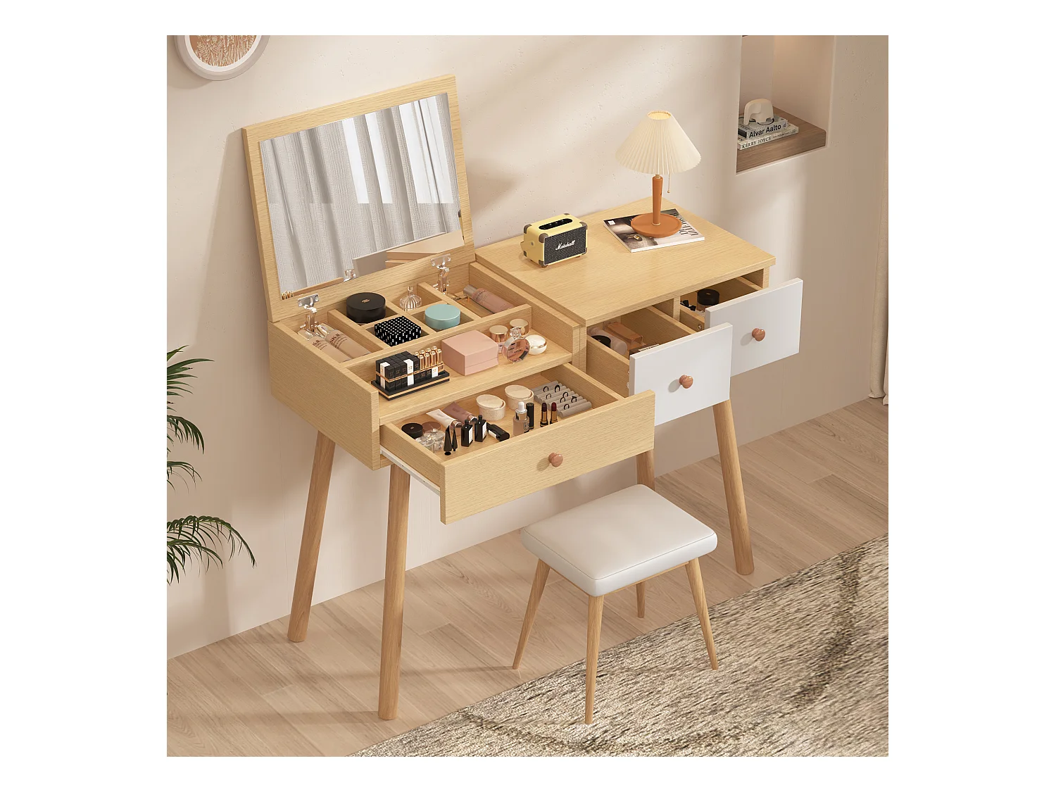 Coiffeuse avec 1 miroir 3 tiroirs Grand espace de rangement Combinaison de couleurs blanc et naturel 100x40x78cm