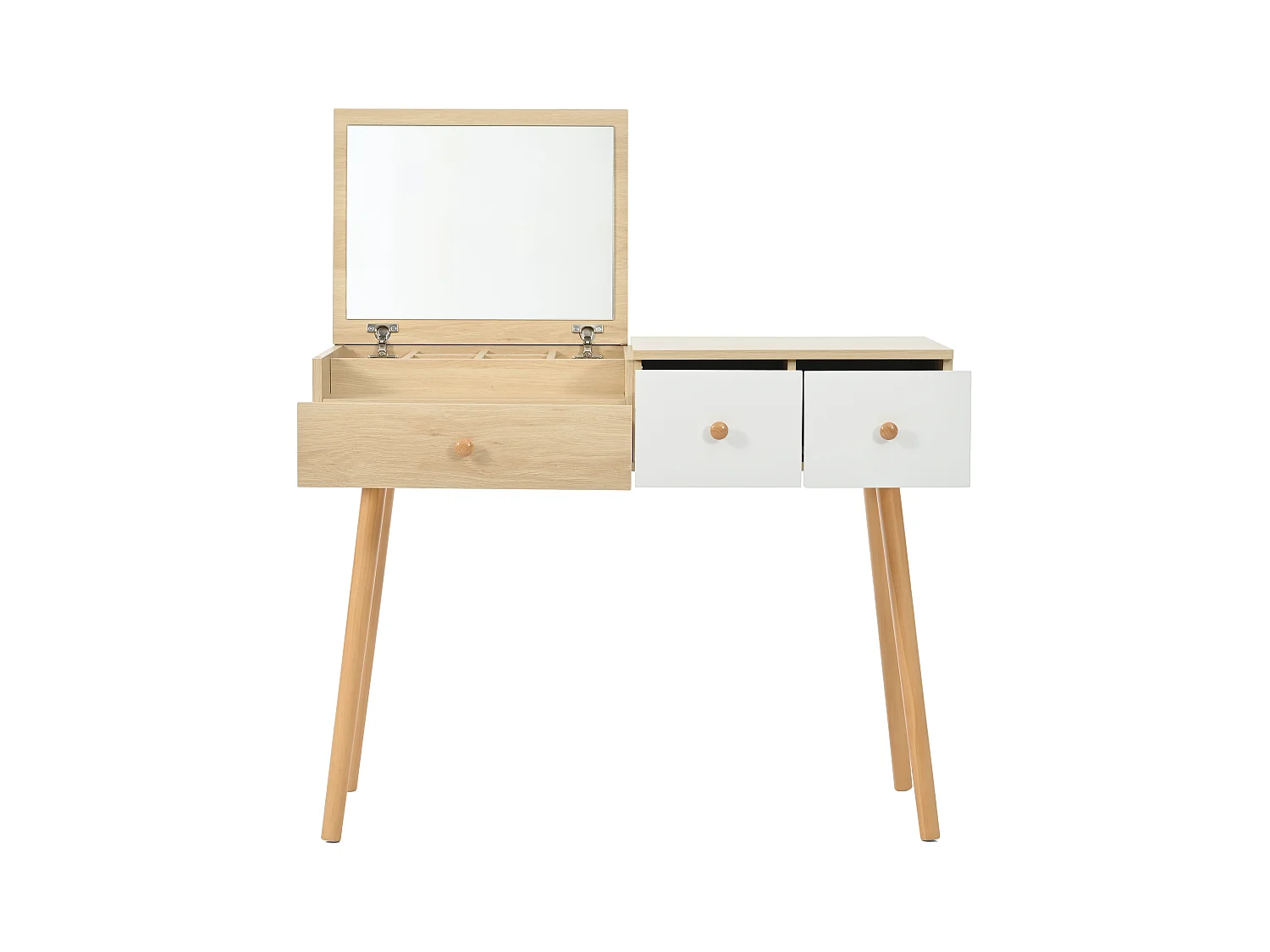 Coiffeuse avec 1 miroir 3 tiroirs Grand espace de rangement Combinaison de couleurs blanc et naturel 100x40x78cm