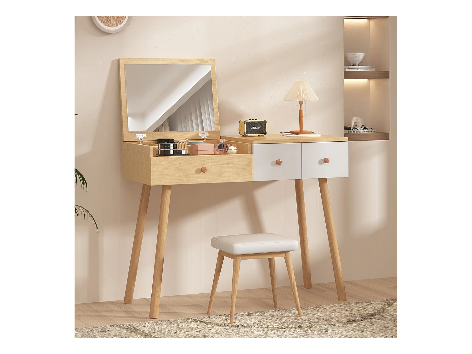 Coiffeuse avec 1 miroir 3 tiroirs Grand espace de rangement Combinaison de couleurs blanc et naturel 100x40x78cm