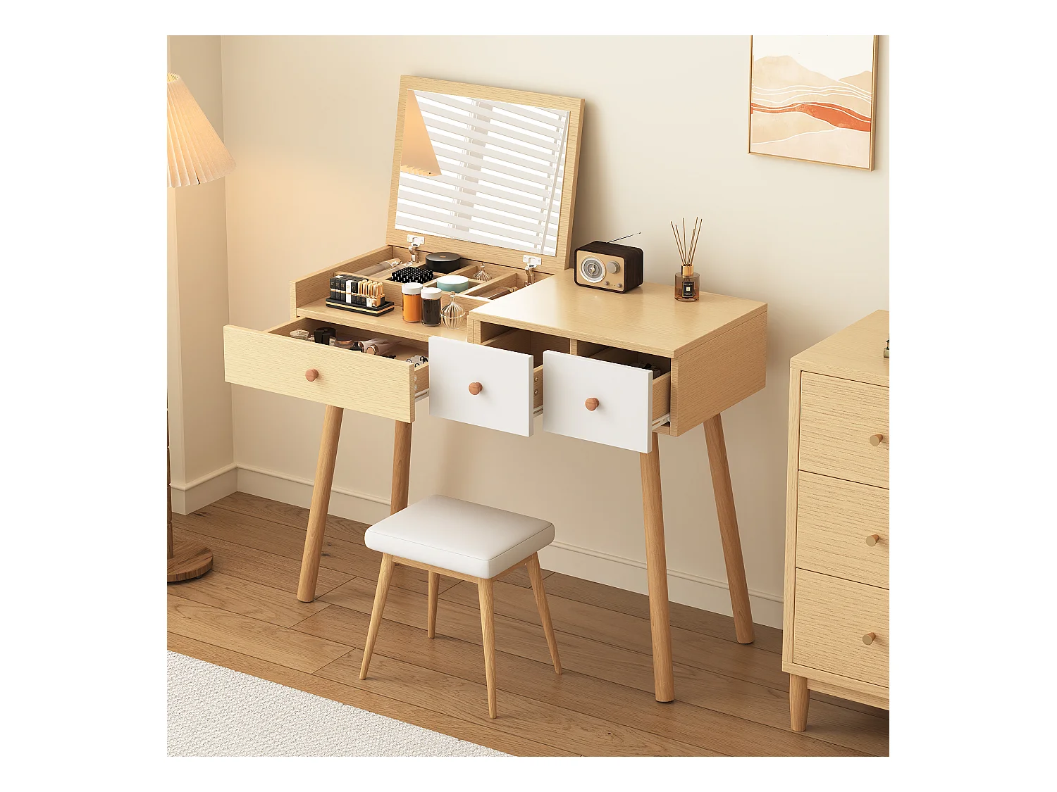 Coiffeuse avec 1 miroir 3 tiroirs Grand espace de rangement Combinaison de couleurs blanc et naturel 100x40x78cm