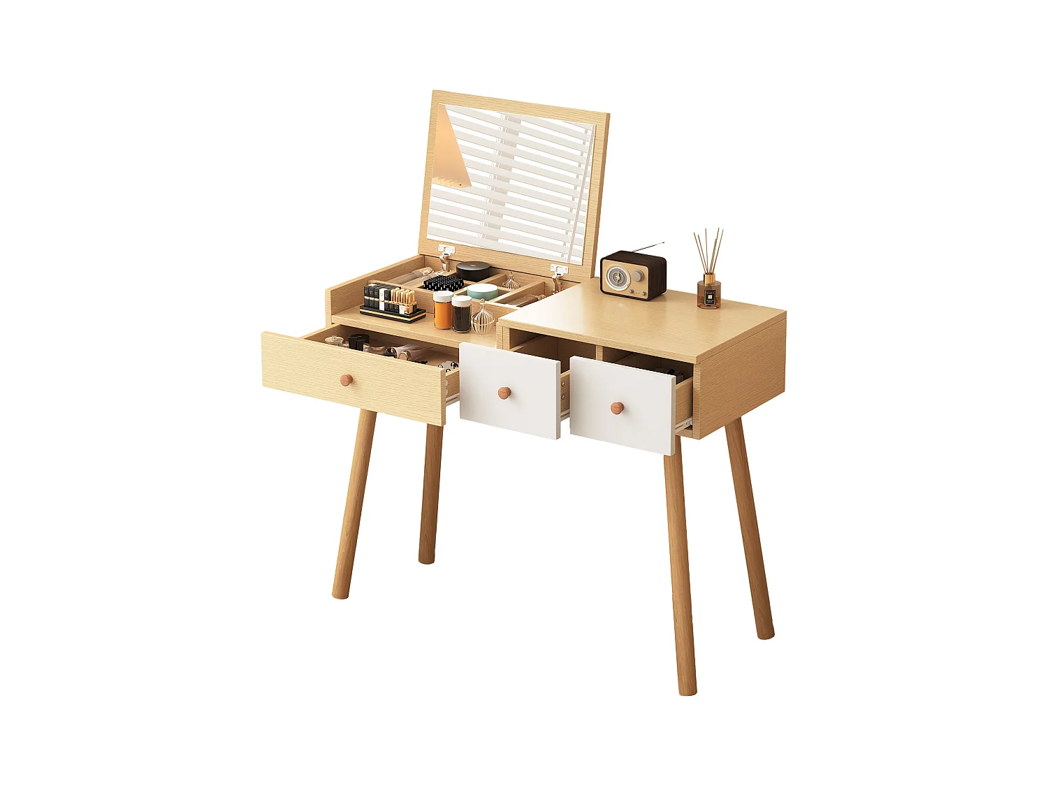 Coiffeuse avec 1 miroir 3 tiroirs Grand espace de rangement Combinaison de couleurs blanc et naturel 100x40x78cm