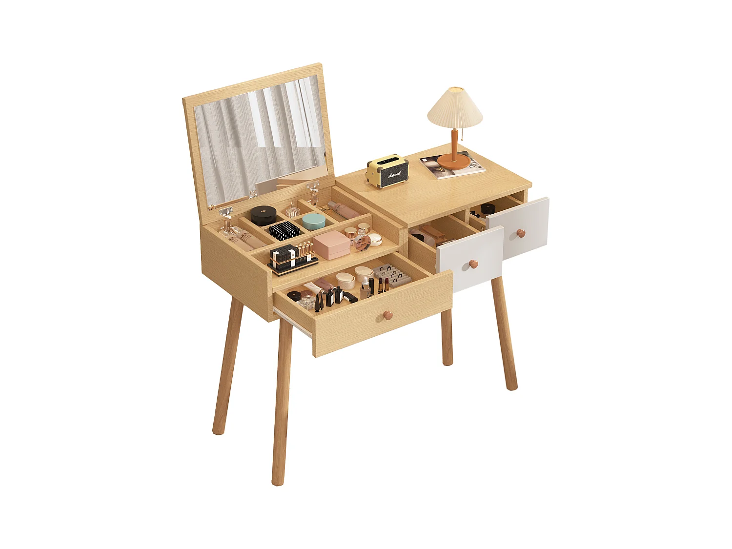 Coiffeuse avec 1 miroir 3 tiroirs Grand espace de rangement Combinaison de couleurs blanc et naturel 100x40x78cm