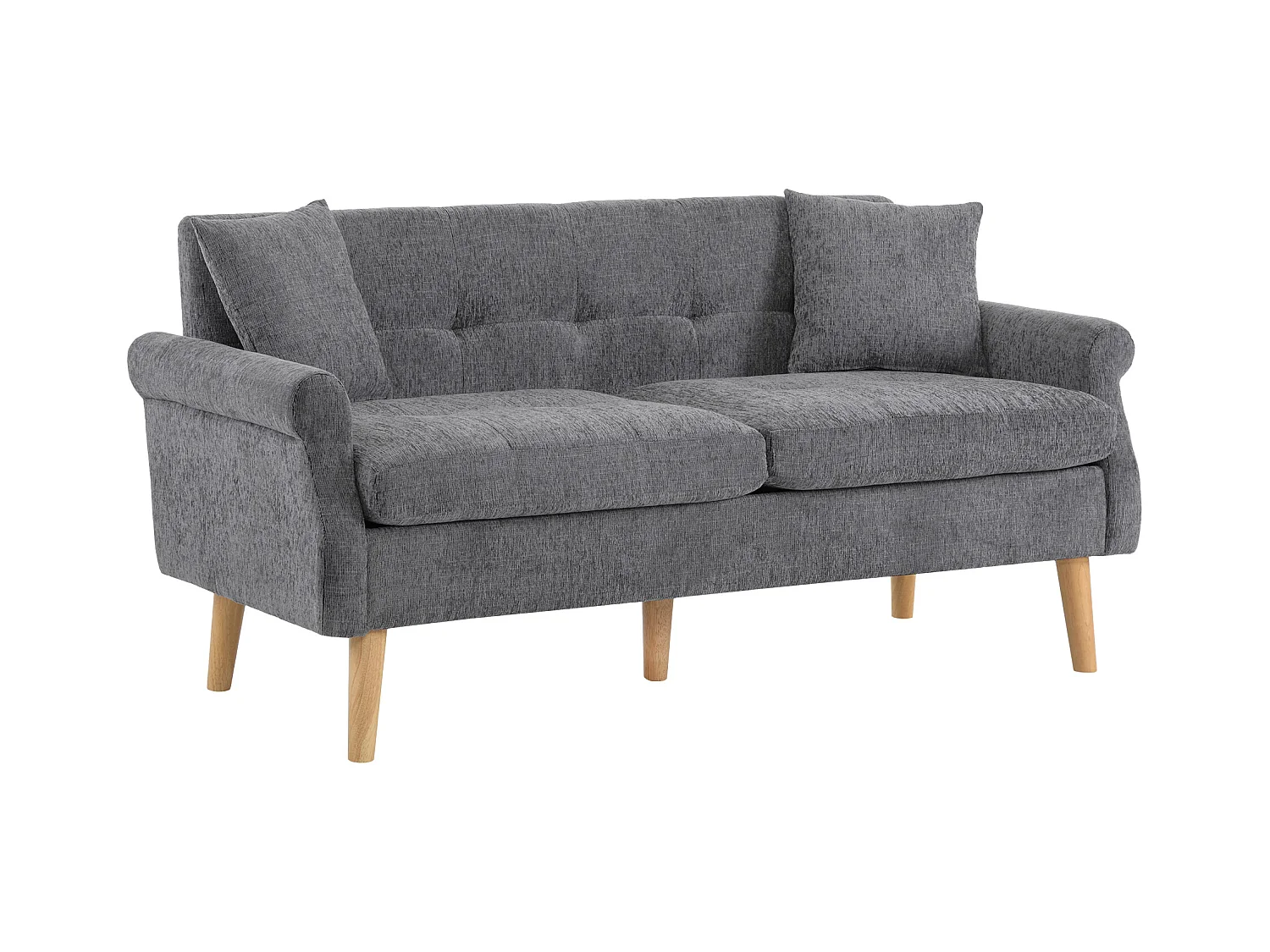 Grijze 2-zitsbank, chenillestof, houten poten, 162x74x77cm