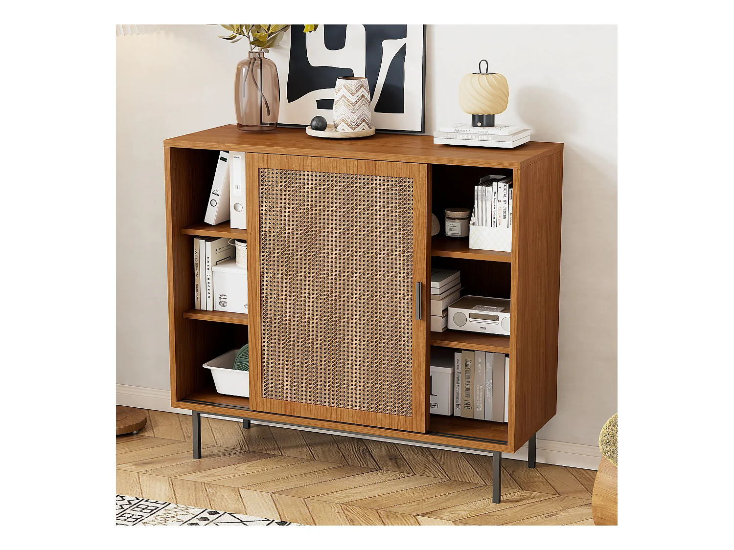 Buffet en noyer avec 2 portes coulissantes style rétro campagne 100x37x90cm