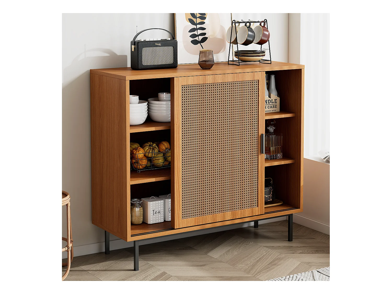 Buffet en noyer avec 2 portes coulissantes style rétro campagne 100x37x90cm