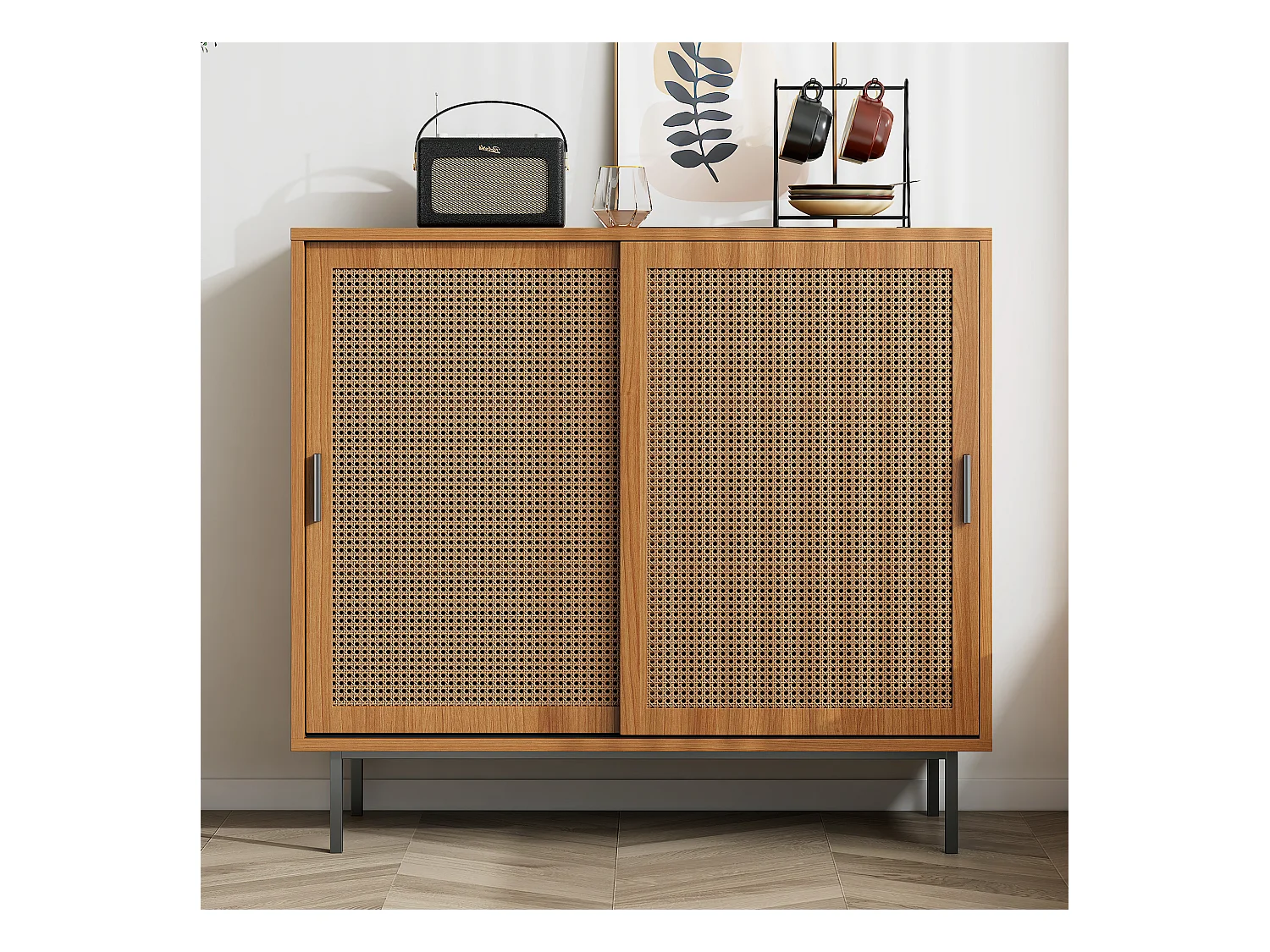 Buffet en noyer avec 2 portes coulissantes style rétro campagne 100x37x90cm