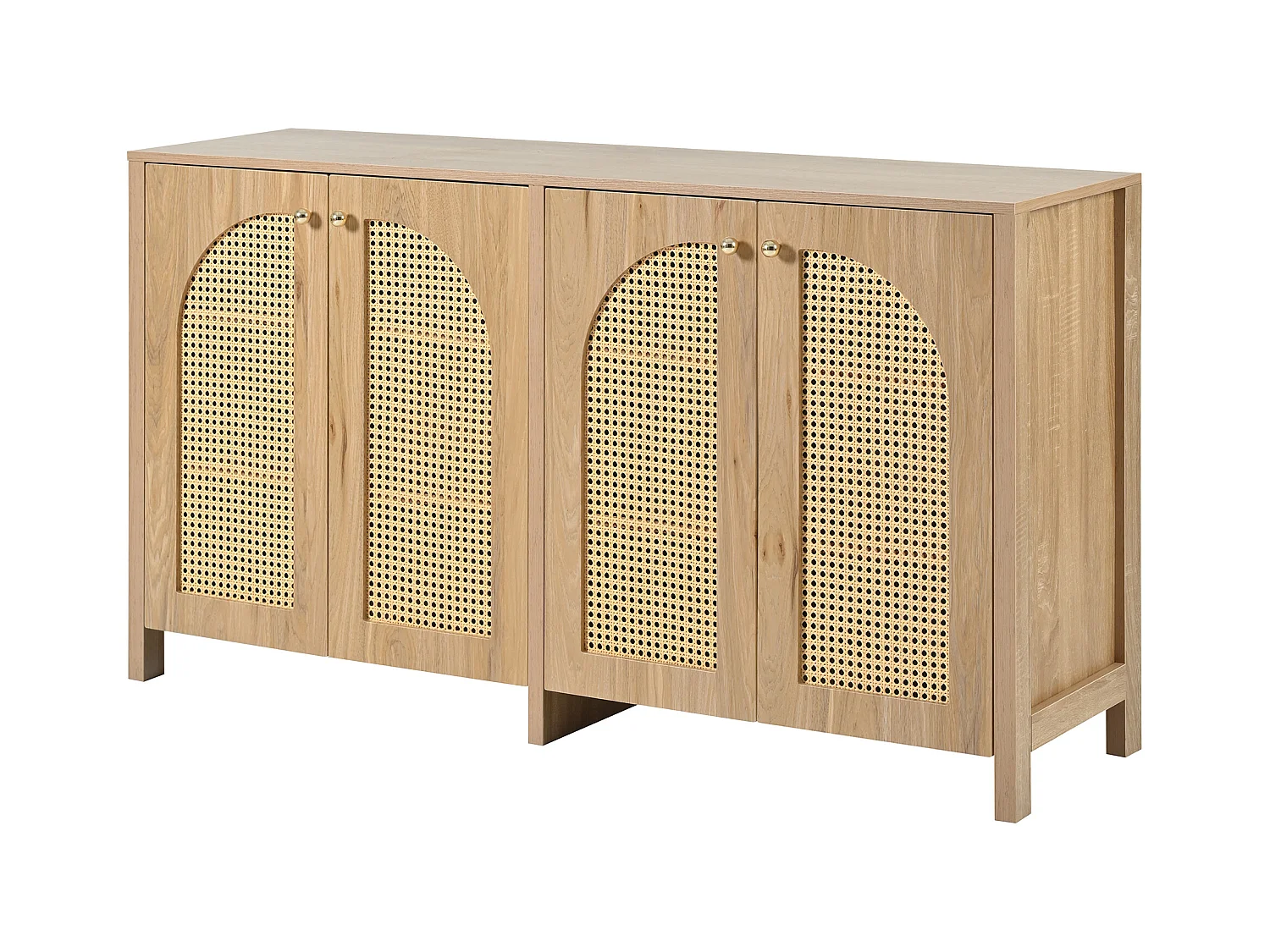 Buffet classique naturel à 4 portes, design de porte courbée en rotin, 145x80x40cm