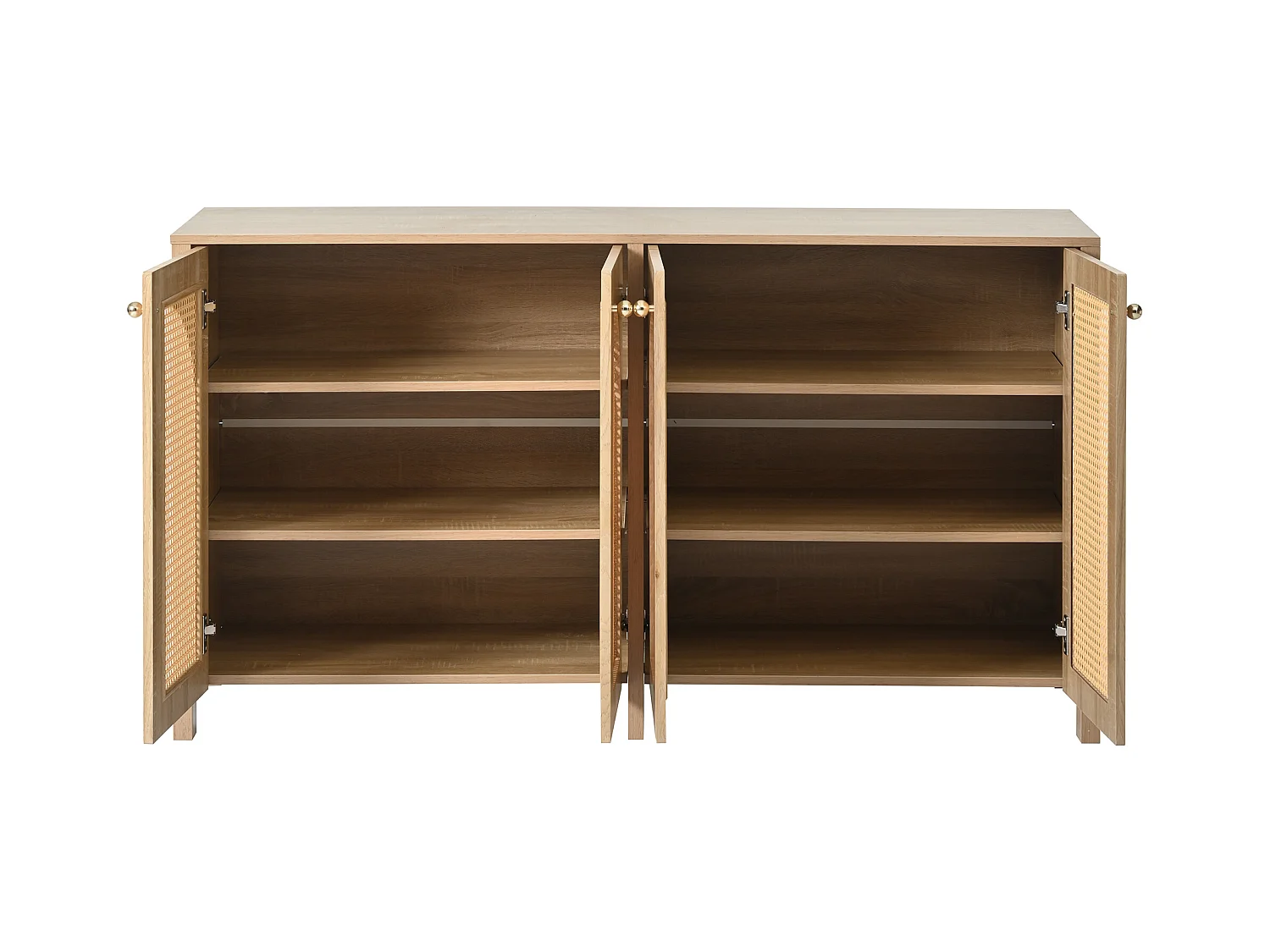 Buffet classique naturel à 4 portes, design de porte courbée en rotin, 145x80x40cm