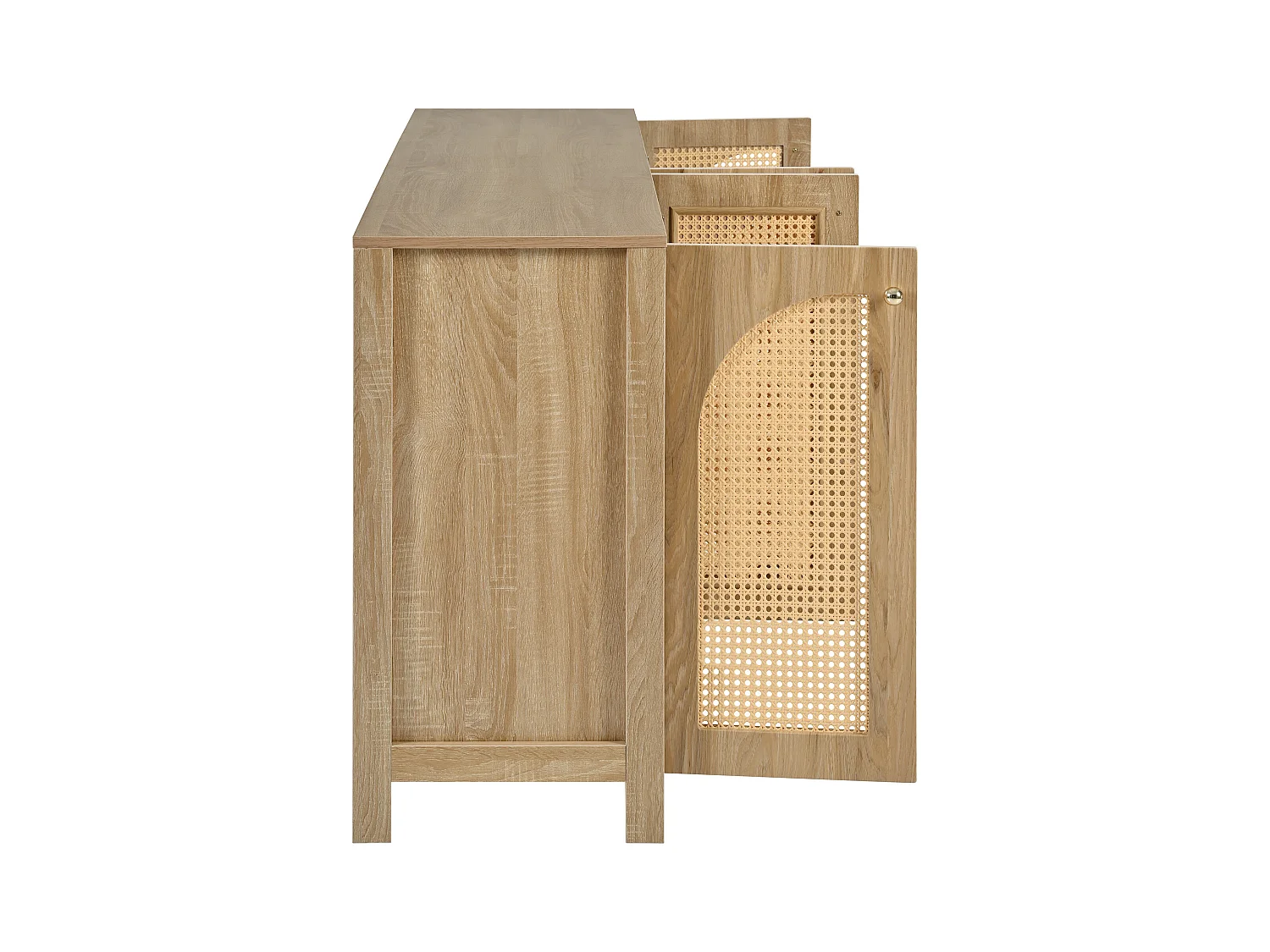 Aparador clásico natural de 4 puertas, diseño de puerta curva de ratán, 145x80x40cm