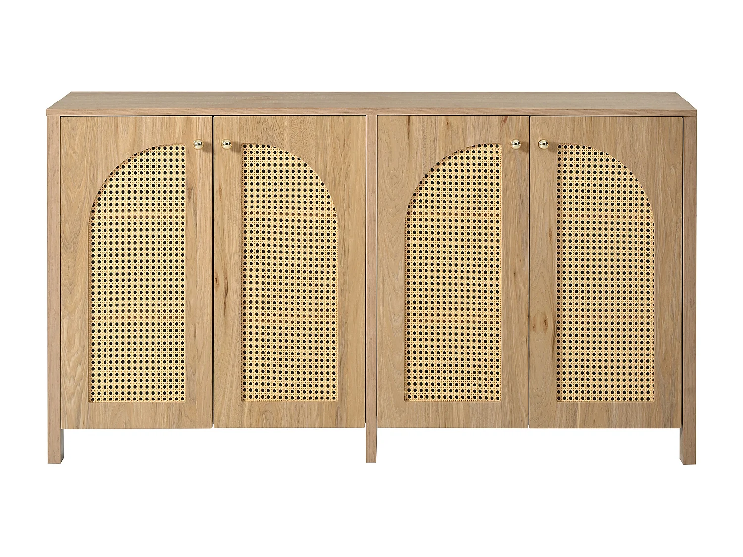 Klassiek dressoir in natuurlijke kleur met 4 deuren, gebogen rotan deurontwerp, 145x80x40cm