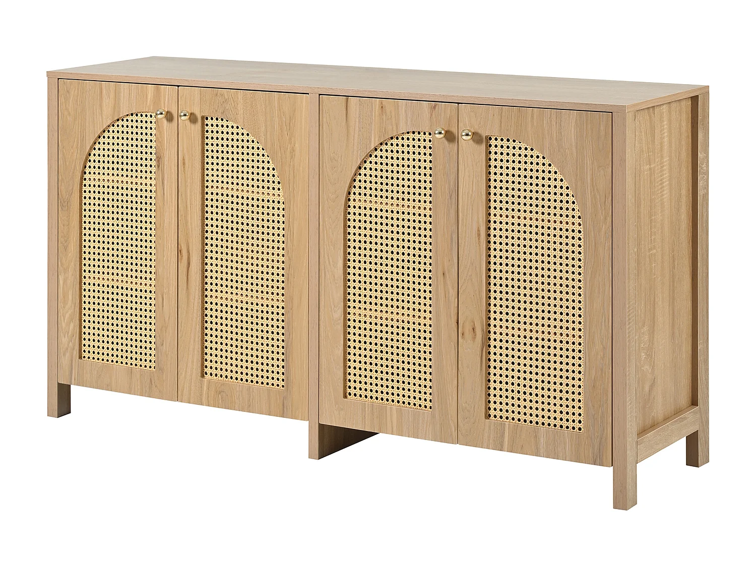 Klassiek dressoir in natuurlijke kleur met 4 deuren, gebogen rotan deurontwerp, 145x80x40cm