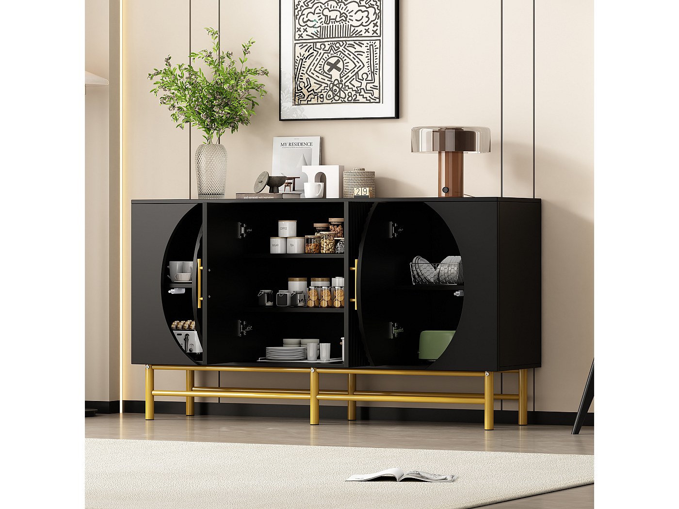 Credenza Moderna GIANTEX 150x45x74 Cm Con Ante Scorrevoli E 2 Cassetti | Mobile Buffet Con Gambe In Metallo E Protezione Antiribaltamento | Bianco E Naturale