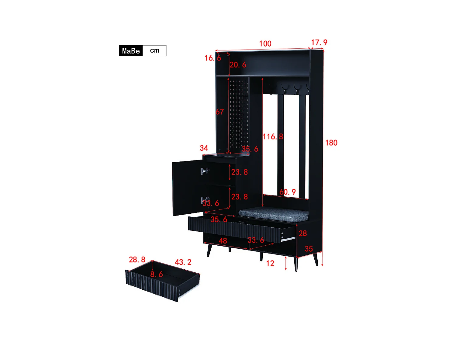 Vestiaire noir avec 1 porte, 2 tiroirs, 4 patères et 1 banc 100 x 35 x 180 cm
