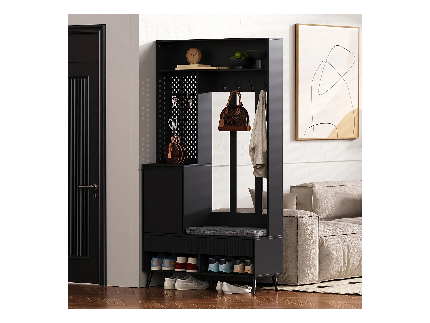 Vestiaire noir avec 1 porte, 2 tiroirs, 4 patères et 1 banc 100 x 35 x 180 cm