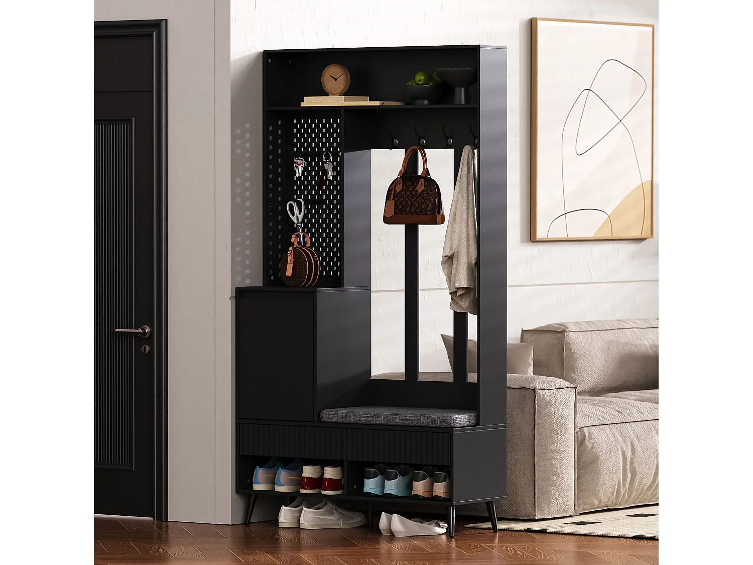 Vestiaire noir avec 1 porte, 2 tiroirs, 4 patères et 1 banc 100 x 35 x 180 cm