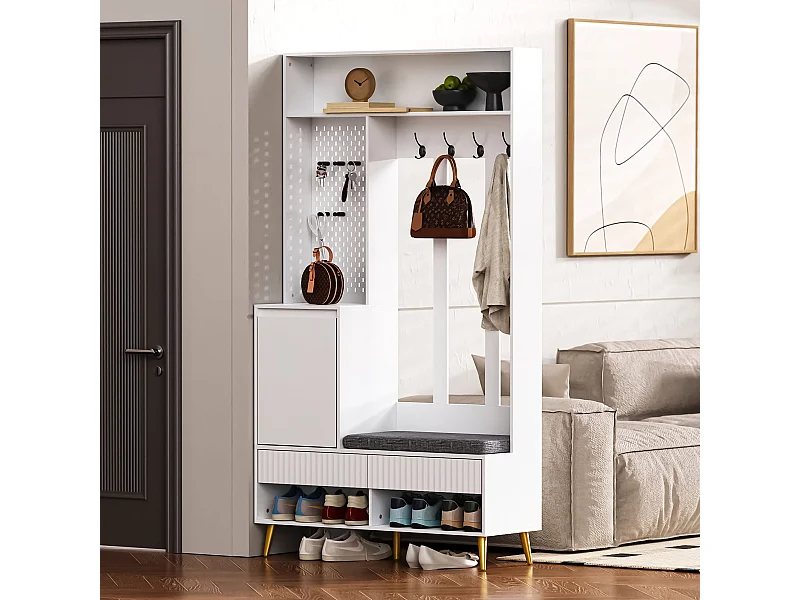 Armadio bianco con 1 anta, 2 cassetti, 4 ganci e 1 panca 100 x 35 x 180 cm