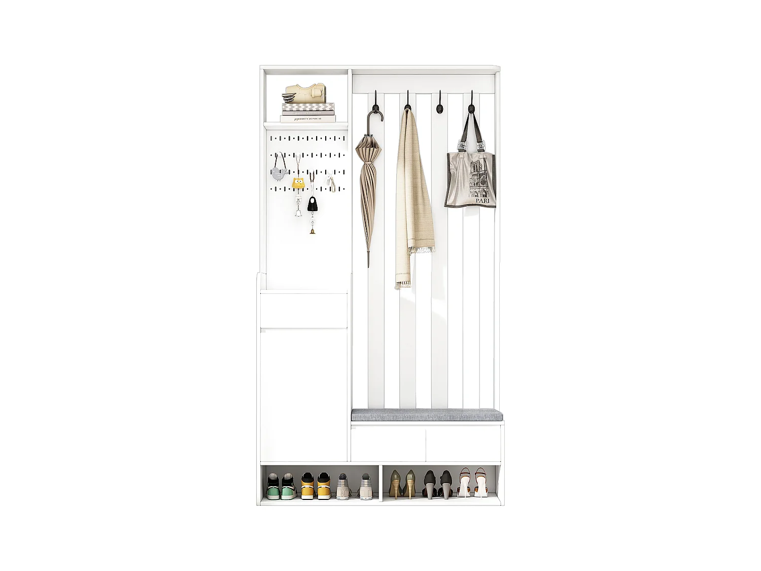 Vestiaire blanc avec 3 tiroirs, 1 porte, 4 crochets et panneau perforé, 100 x 35 x 180 cm