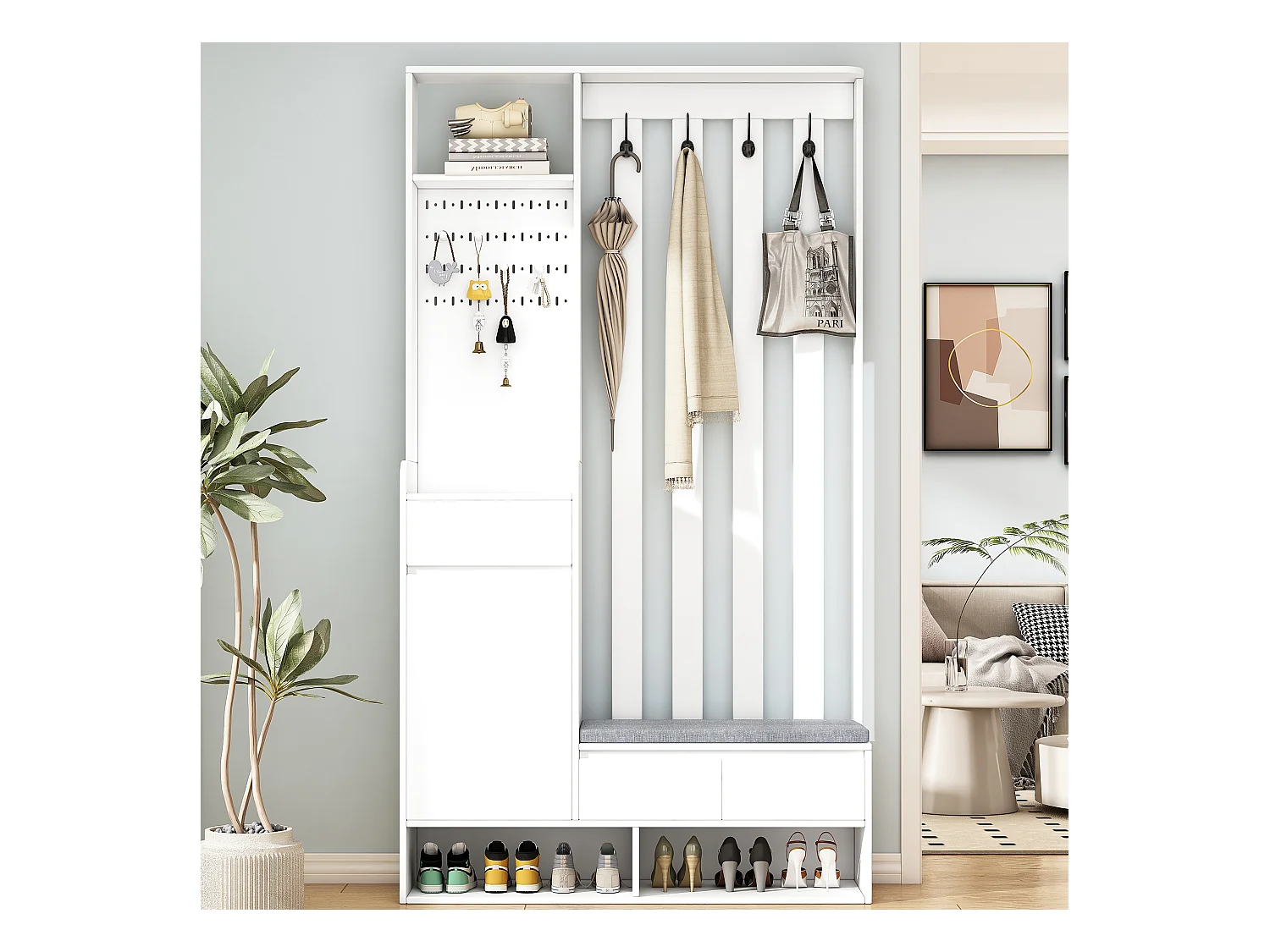 Vestiaire blanc avec 3 tiroirs, 1 porte, 4 crochets et panneau perforé, 100 x 35 x 180 cm