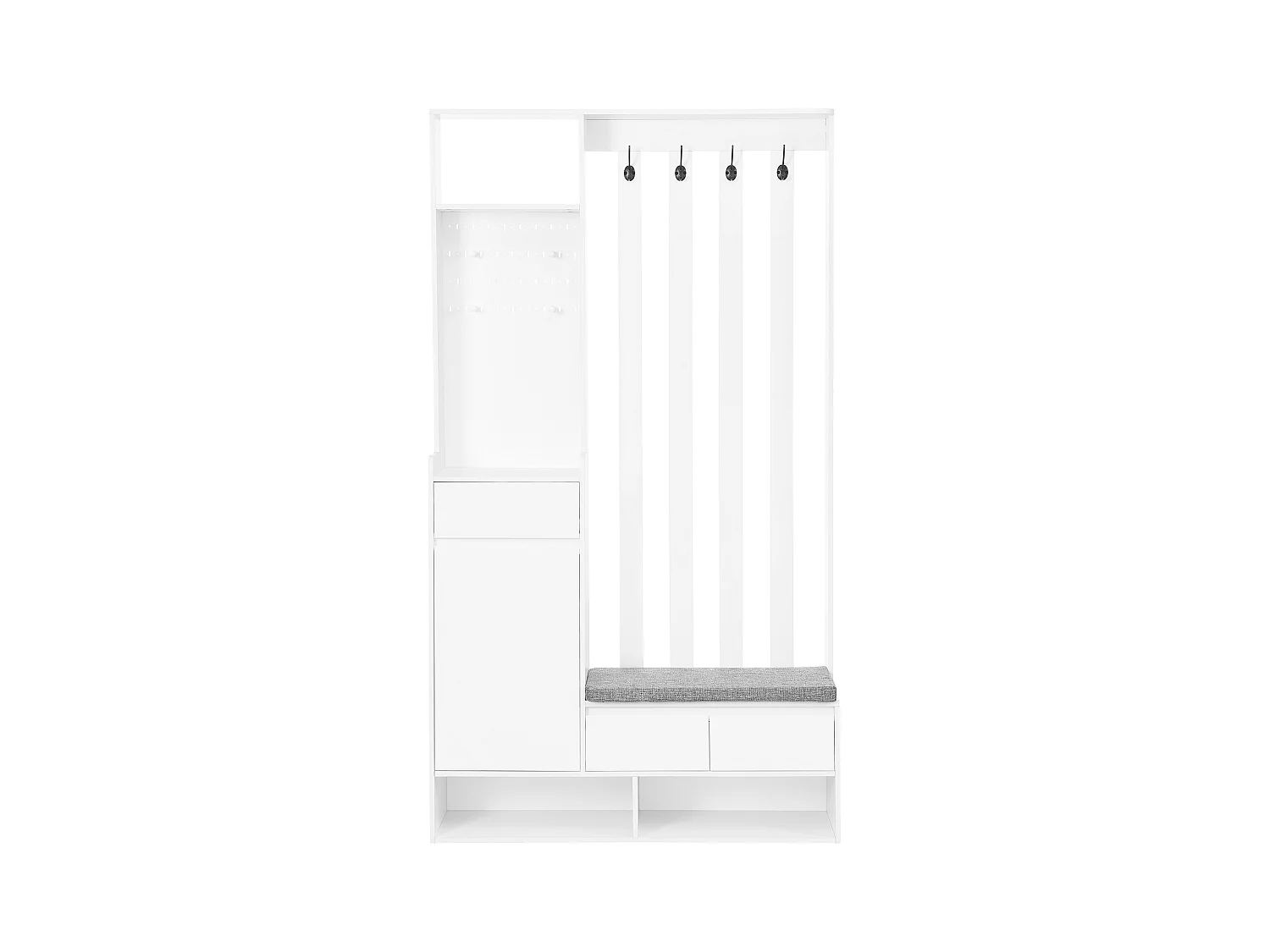 Vestiaire blanc avec 3 tiroirs, 1 porte, 4 crochets et panneau perforé, 100 x 35 x 180 cm
