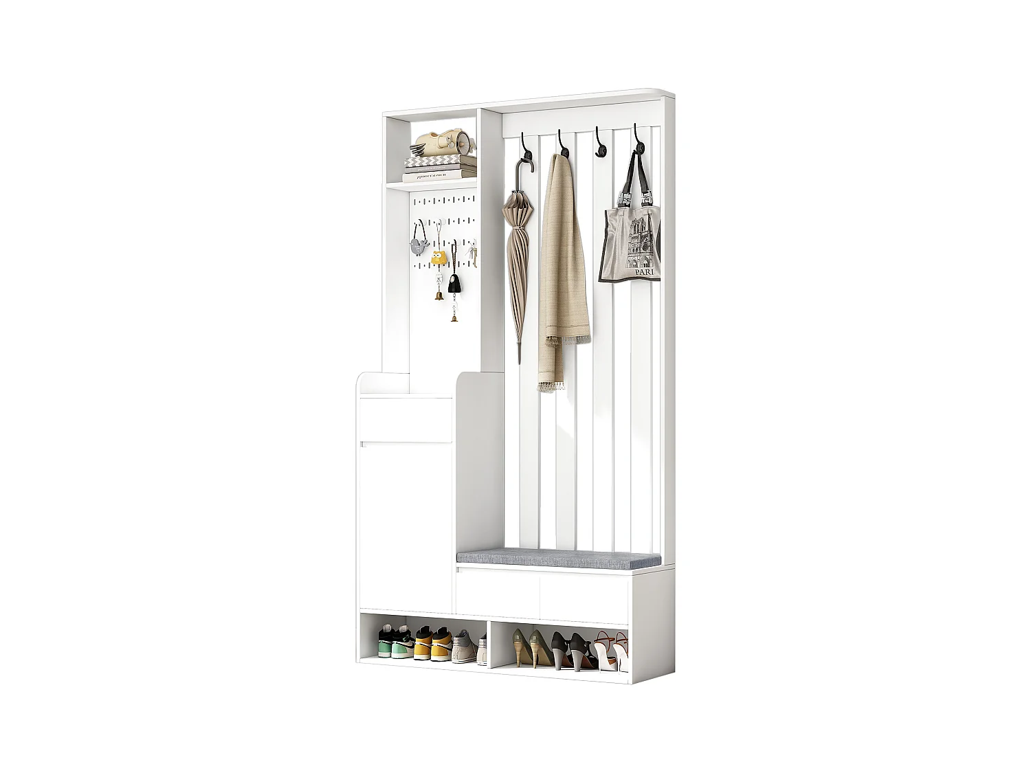 Vestiaire blanc avec 3 tiroirs, 1 porte, 4 crochets et panneau perforé, 100 x 35 x 180 cm