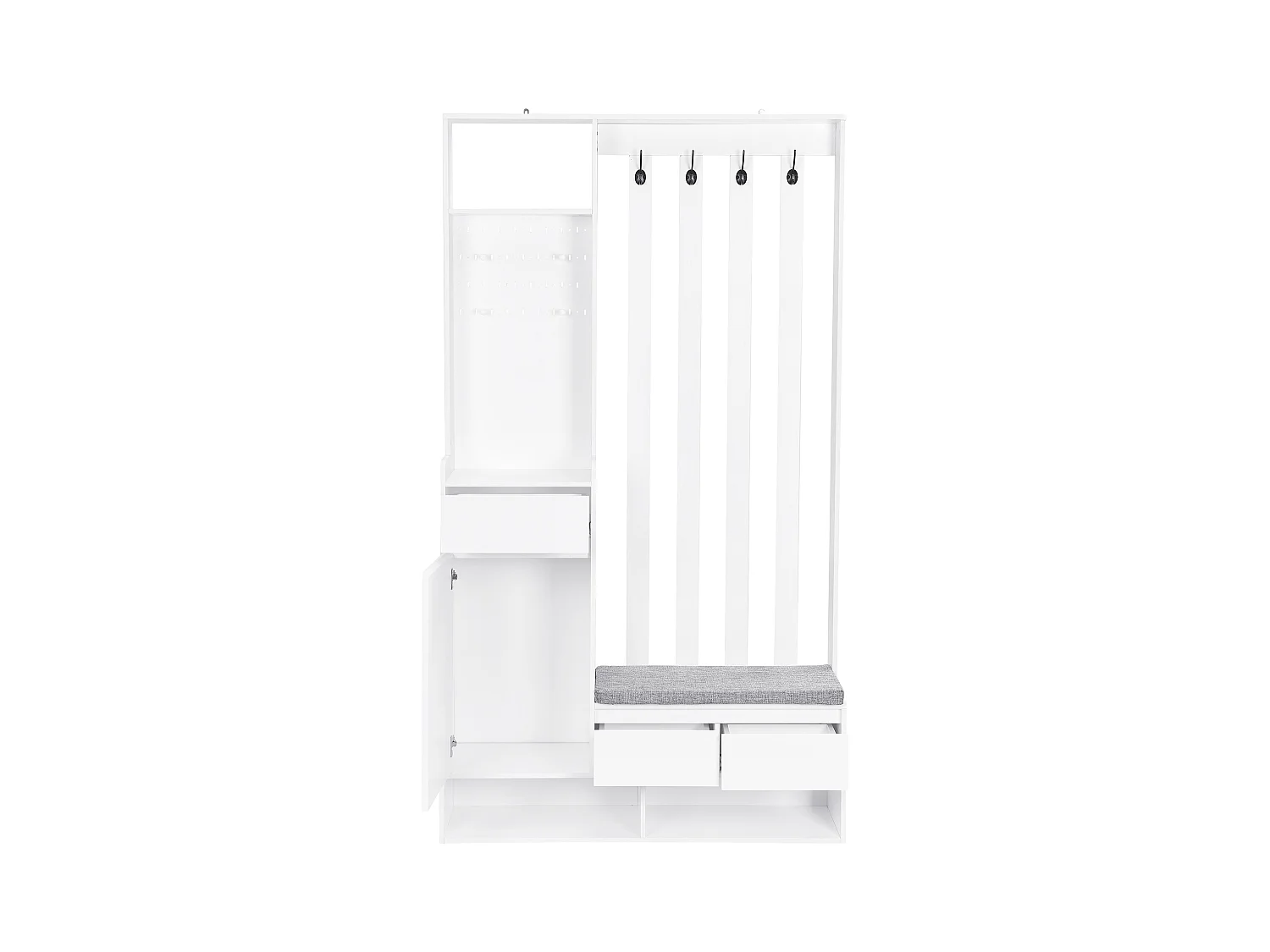 Vestiaire blanc avec 3 tiroirs, 1 porte, 4 crochets et panneau perforé, 100 x 35 x 180 cm