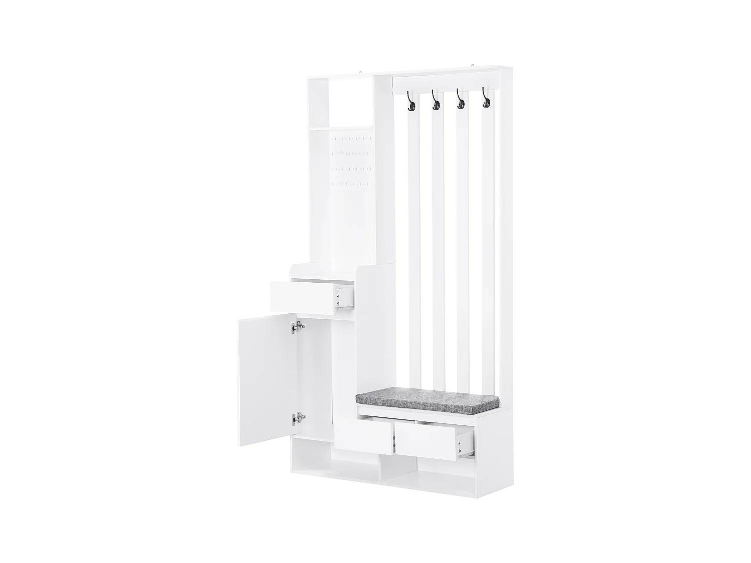 Vestiaire blanc avec 3 tiroirs, 1 porte, 4 crochets et panneau perforé, 100 x 35 x 180 cm