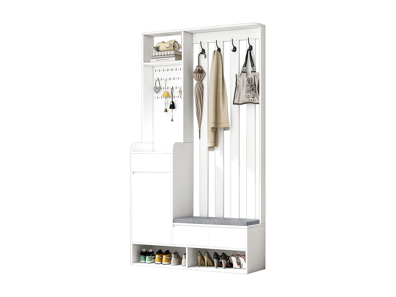 Witte kledingkast met 3 lades, 1 deur, 4 haken en prikbord, 100 x 35 x 180 cm