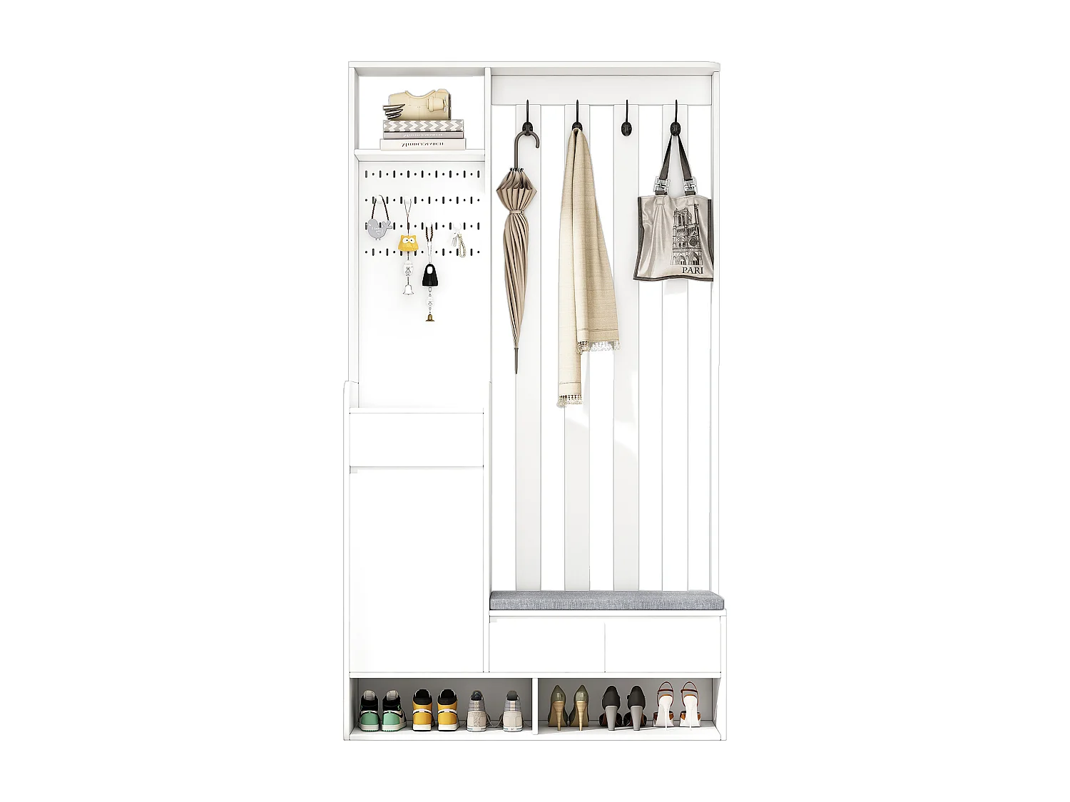 Witte kledingkast met 3 lades, 1 deur, 4 haken en prikbord, 100 x 35 x 180 cm