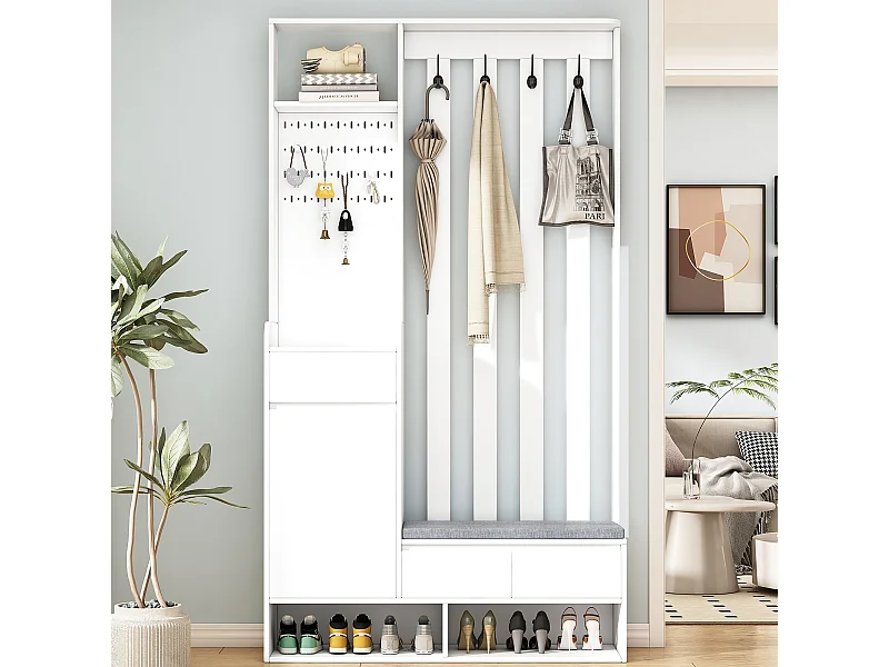 Armario blanco con 3 cajones, 1 puerta, 4 ganchos y tablero perforado, 100 x 35 x 180 cm