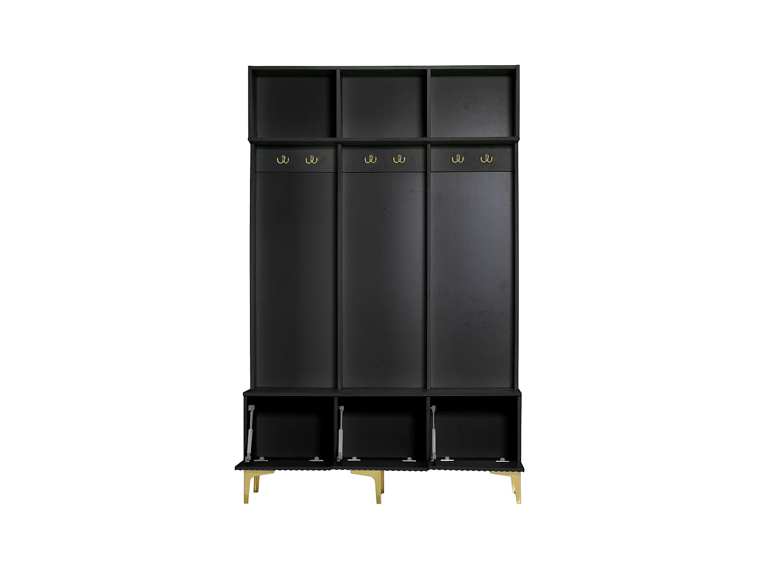 Zwarte kledingkast met 3 deuren en 6 haken, gouden poten, 120 x 40 x 191,5 cm