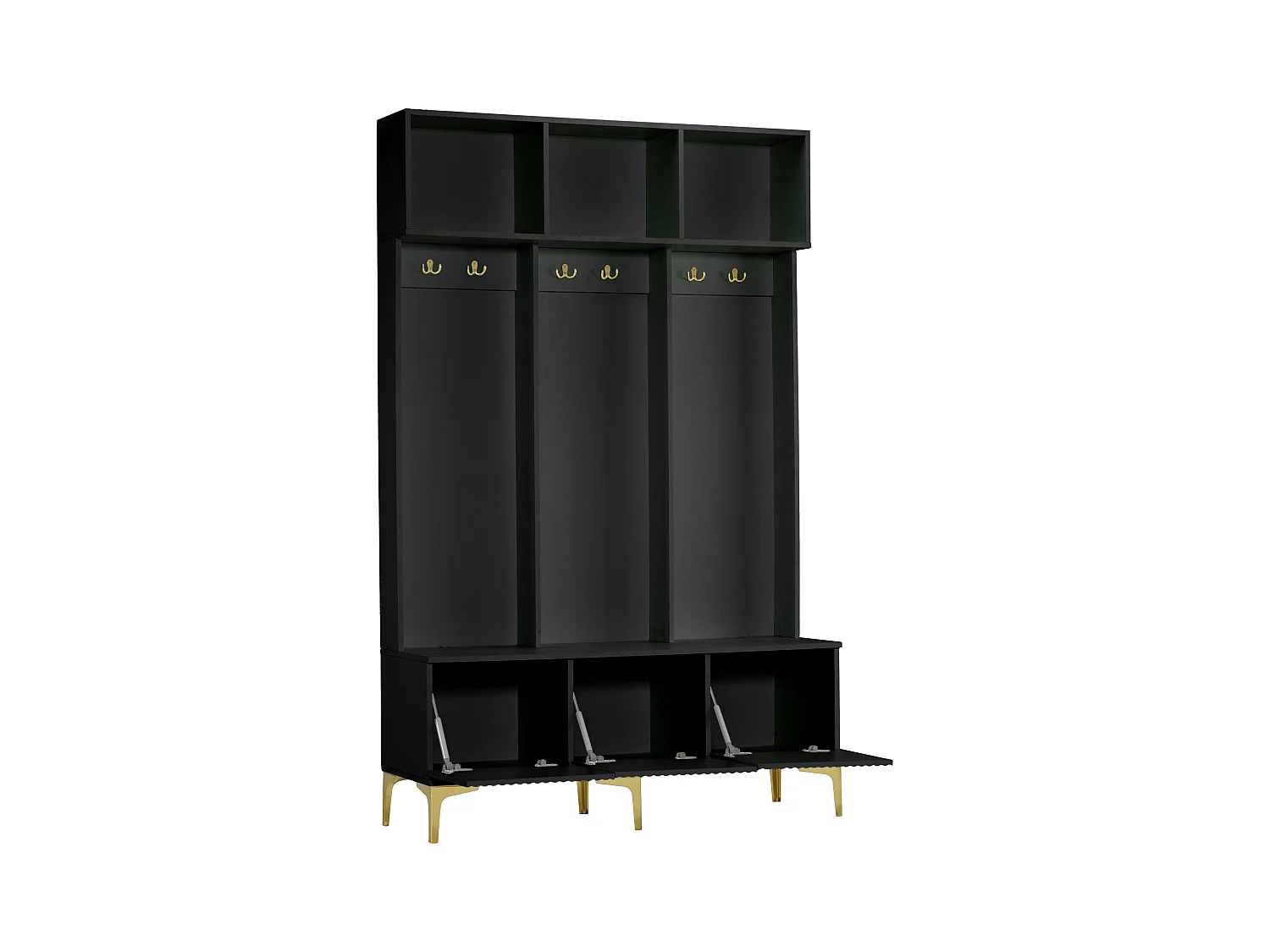 Zwarte kledingkast met 3 deuren en 6 haken, gouden poten, 120 x 40 x 191,5 cm