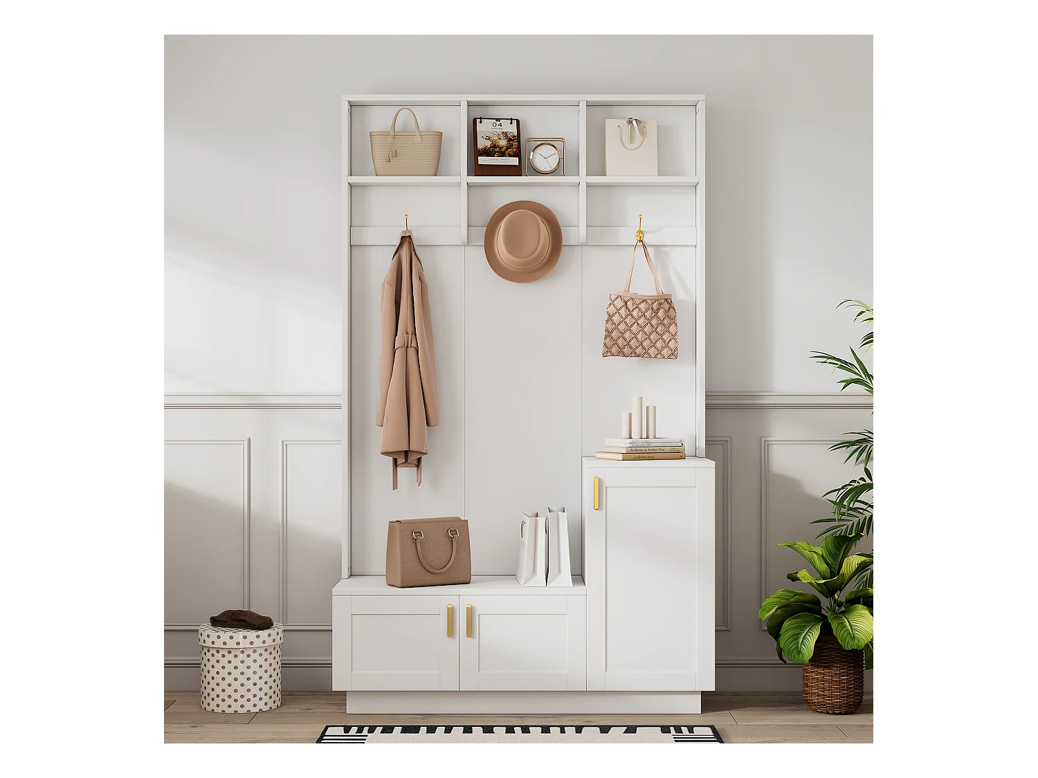 Vestiaire blanc avec 3 portes, 3 crochets et rangement ouvert, 120x40x200 cm